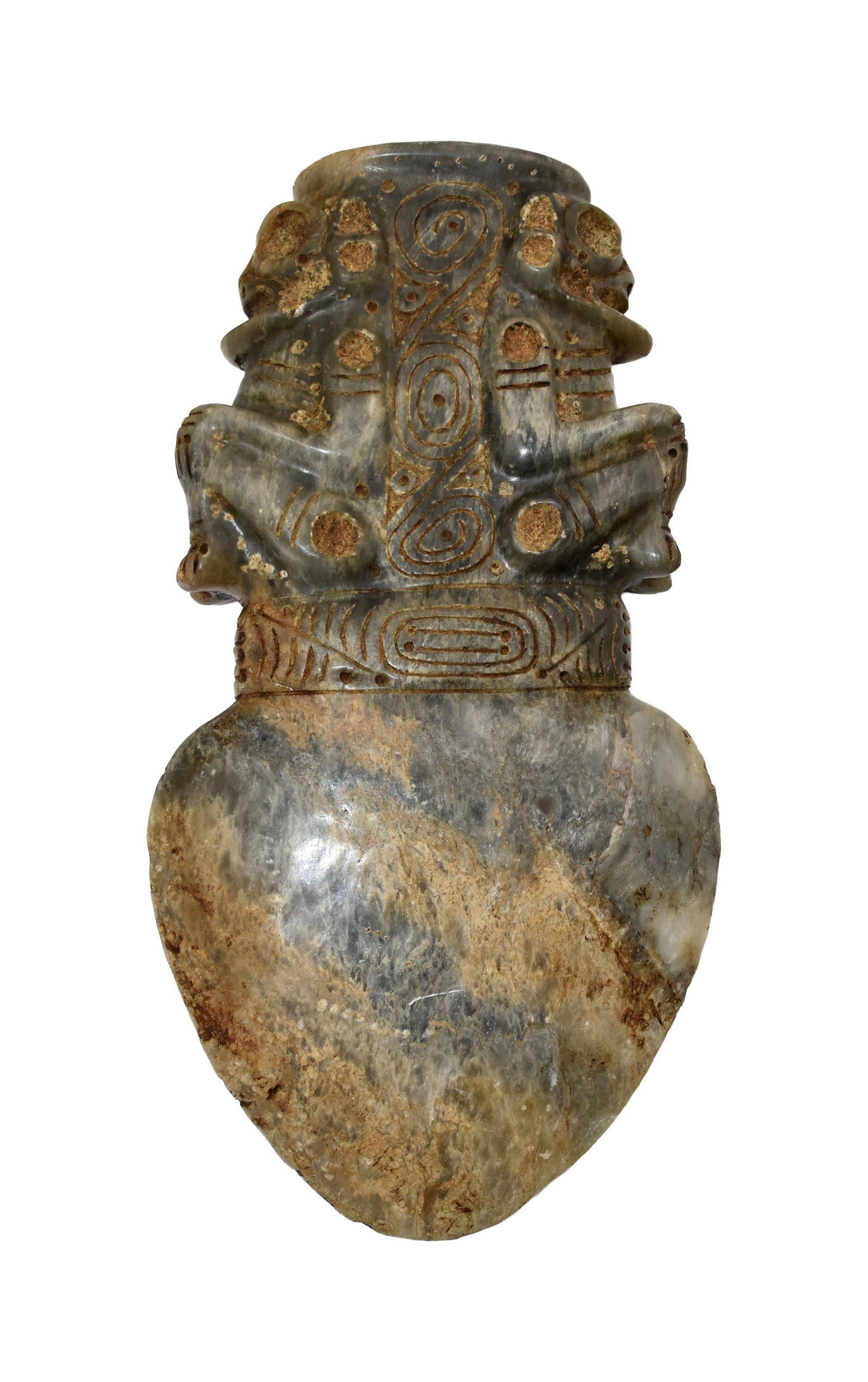 Taino Dual Anthropic Ax: Ca. 600-1500 AD. Marble. 11 1/4" long x 5 1/4" wide. Both figures are in a sitting position with hands on knees, a mouths agape, and looking forward. This pose represents the ecstatic state when a