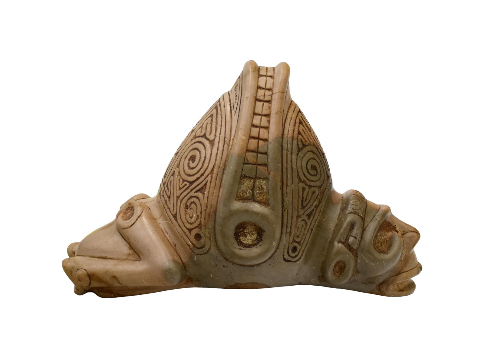 Taino Anthropic Zemi: Ca. 600-1500 AD. Jasper-like stone. 7 3/4" high x 11 1/2" wide. The cone distinctly forms a robust, toothy jawline that divides the cone in half. On either side of the cone, incised bird head eyes