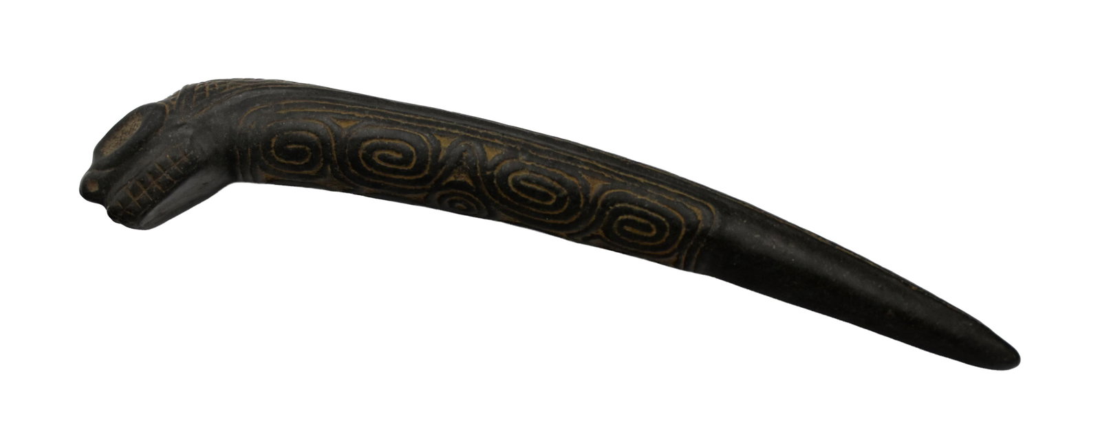 Taino Snake Scepter: Ca. 600-1500 AD. Fine-grained, hard stone. 13 7/8" long x 2 1/2" deep x 1 1/4" wide. Full-bodied snake distinguished by the central line with two alternating rows of triangular forms running the full