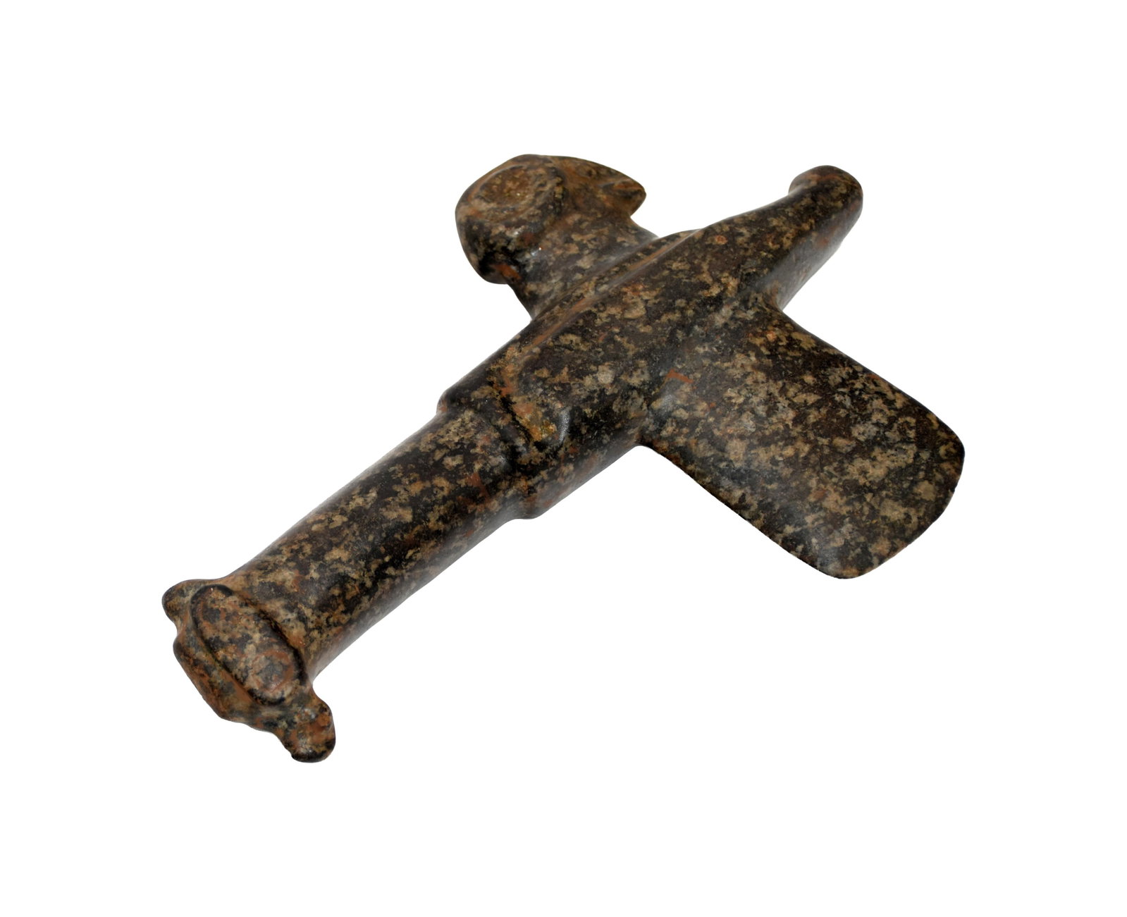 Taino Monolithic Ritual Ax: Ca. 600-1500 AD. Dioritic black-and-white speckled stone. 9 1/2" long x 6 1/5" wide x 1 1/2" deep. A bird is carved on the butt of the ax head. A smaller, full-bodied bird can be found on the base of 