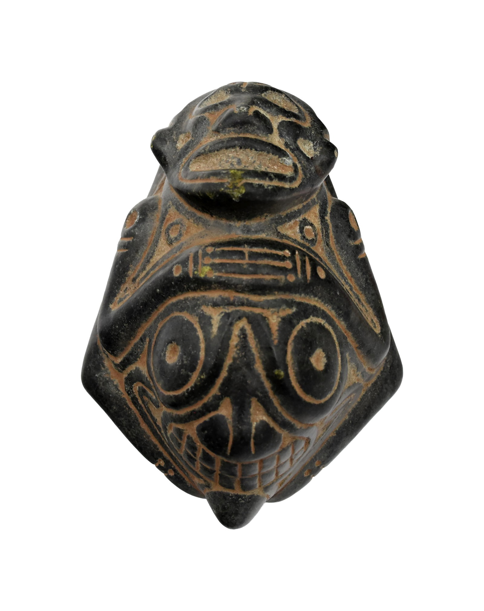Taino Anthropic Figure: Ca. 600-1500 AD. Dense basaltic stone. 2 1/4" high x 5" long x 3 1/2" wide. A fully three-dimensional anthropomorphic figure probably representing Atabey. Atabey is the goddess of fertility, as