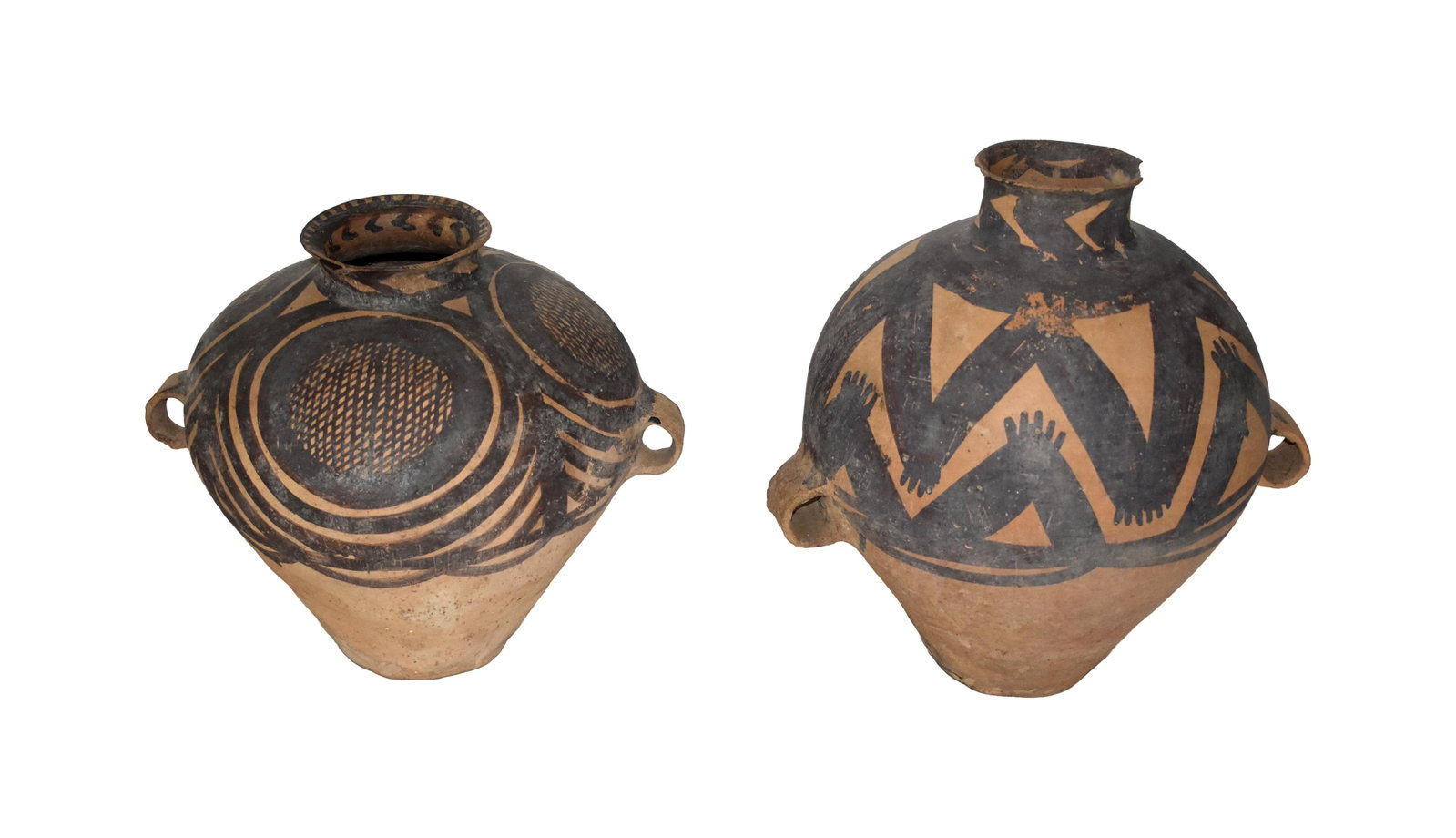 (2) Chinese Painted Pottery Jars: In the Majiayao Neolithic style. To include: (A) Anthropomorphic chevron design. 13 1/2" high x 13 1/2" wide. (B) Geometric with cross-hatch design. 11 1/2" high x 13 1/2" wide. Provenance: Estate of