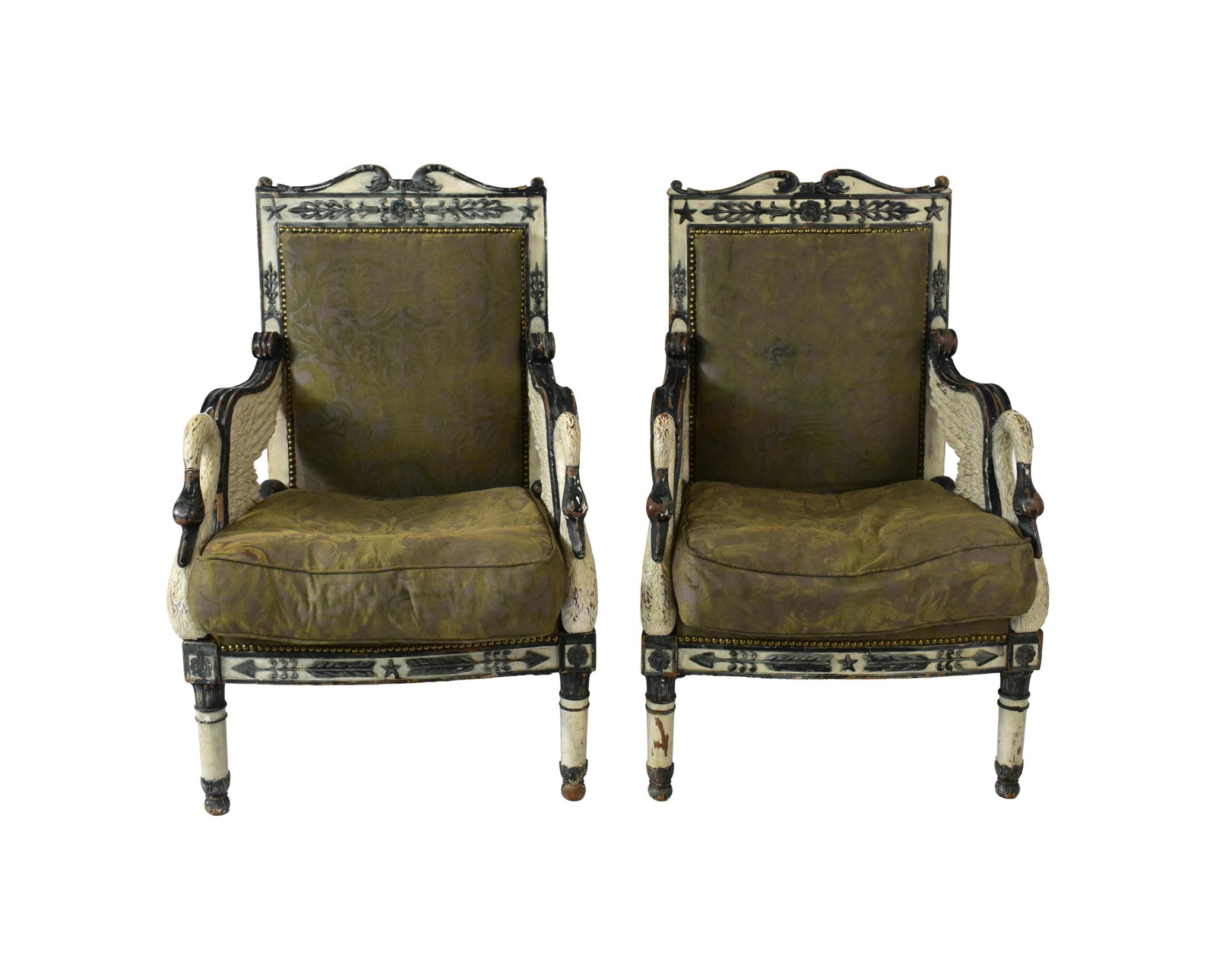 Pair of Swan Carved Armchairs: 19th C. neoclassical. Most likely Italian. Old painted finish. Upholstered in green Fortuny fabric. 37 1/4" high x 23 1/2" wide x 22 1/2" deep. Seat height: 18 1/2". Provenance: Estate of Alfred J.