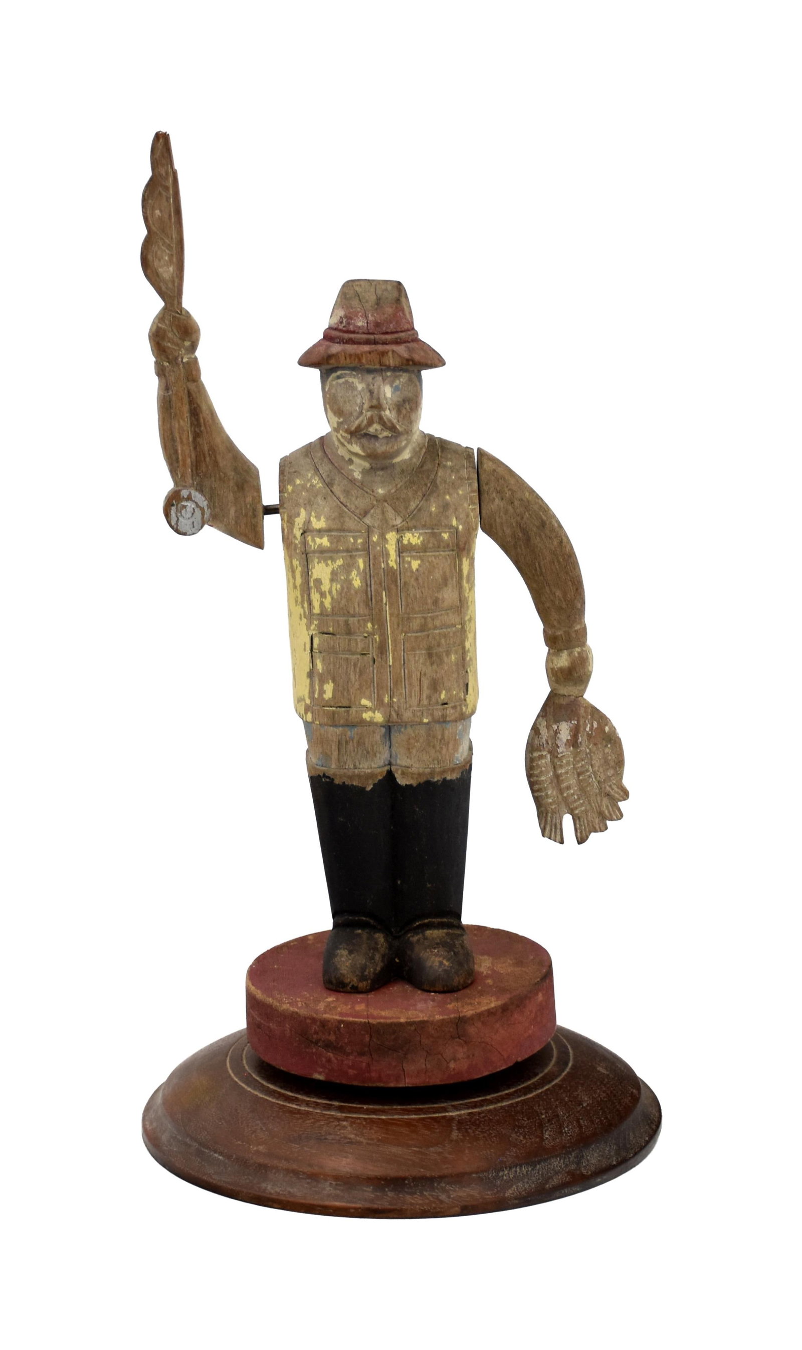 Carved and Painted Whirligig: 20th C. Full bodied fisherman. Walnut base. 12 1/2" high x 6" diameter at base. Worn painted finish. Chips to hat. Some cracking. IMPORTANT- Please note: all items are sold as is, where is, with all