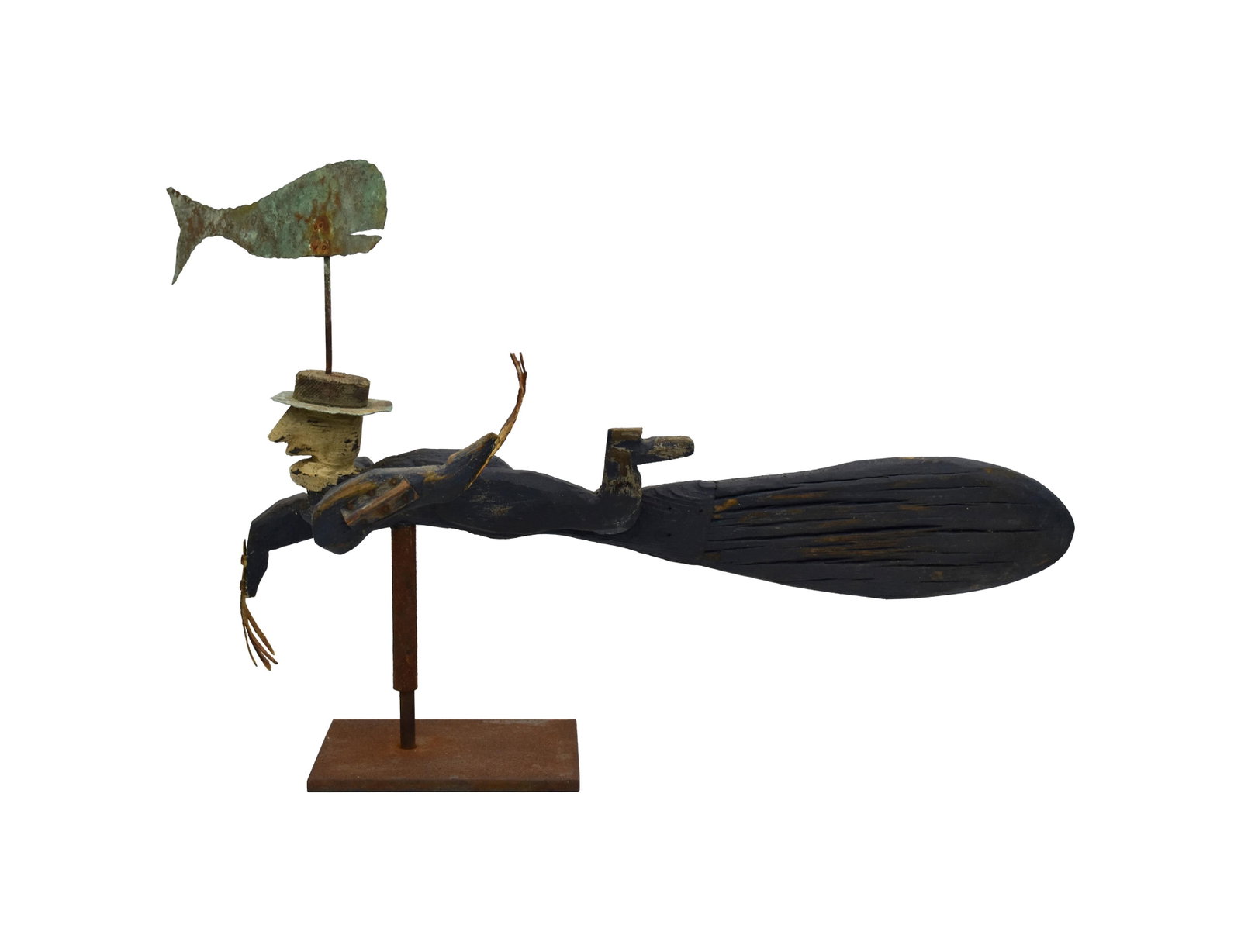 Contemporary Folk Art Whirligig: Late 20th C. Carved and painted man swimming with whale weathervane on top of his hat. Mounted on iron base. 12 1/2" high x 17 1/2" long x 5 1/2" wide.Good condition consistent with age. IMPORTANT-