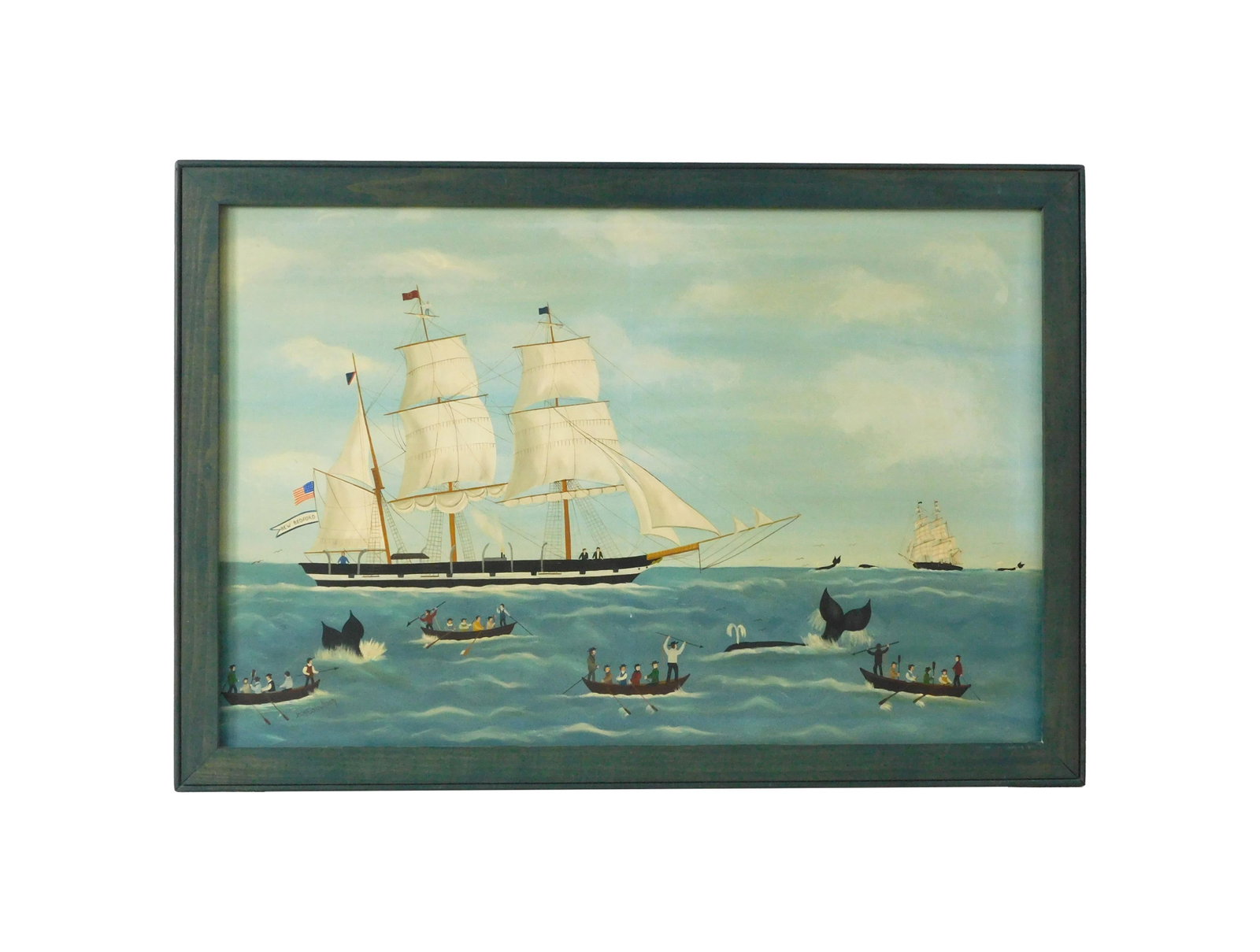 Jean Colquhoun Folk Art Style Painting: (American/New Hampshire, 1933-2023). In the manner of Ralph Cahoon. Oil on canvas. Depicts a whale hunt by a New Bedford whaleship flying an American flag. Sight size: 23" high x 34 3/4" wide. In a
