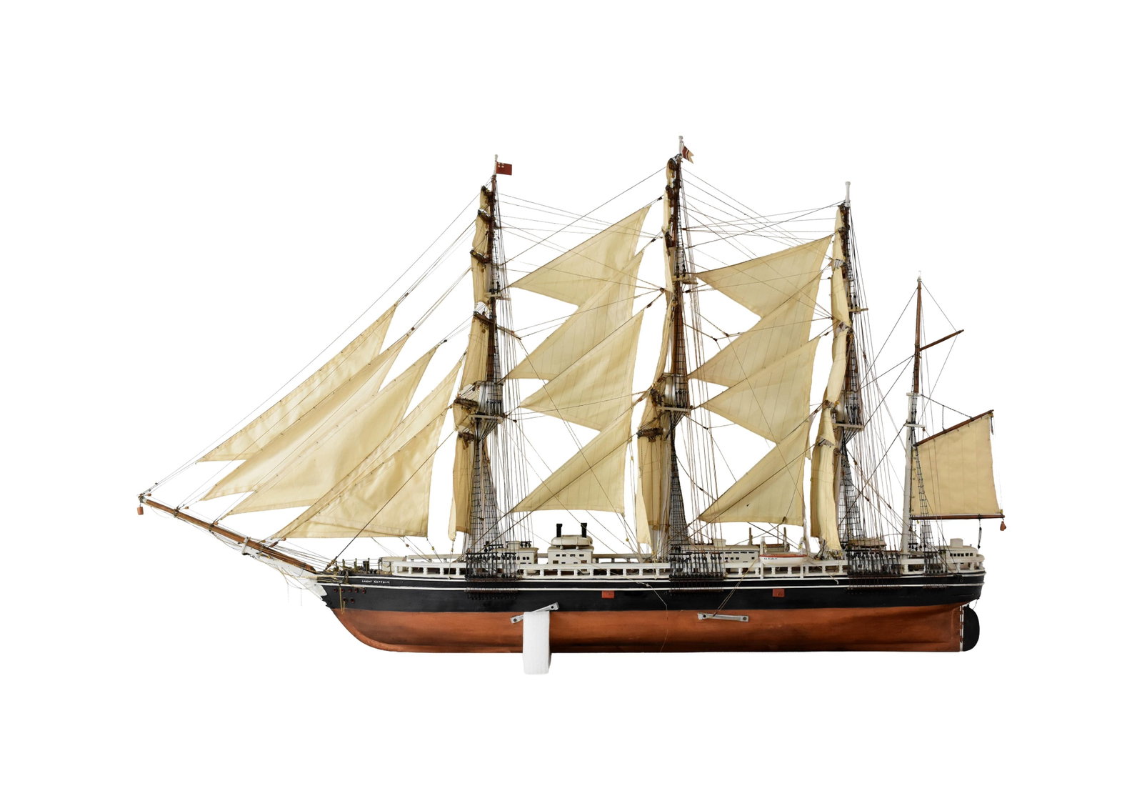 Ship Model of The GREAT REPUBLIC: Early 20th C. Handmade wooden ship model. Fully rigged. Individual planked floor. Attached lifeboats. 34" high x 54" long x 9" deep.Good condition consistent with age and use. Not removed from case.