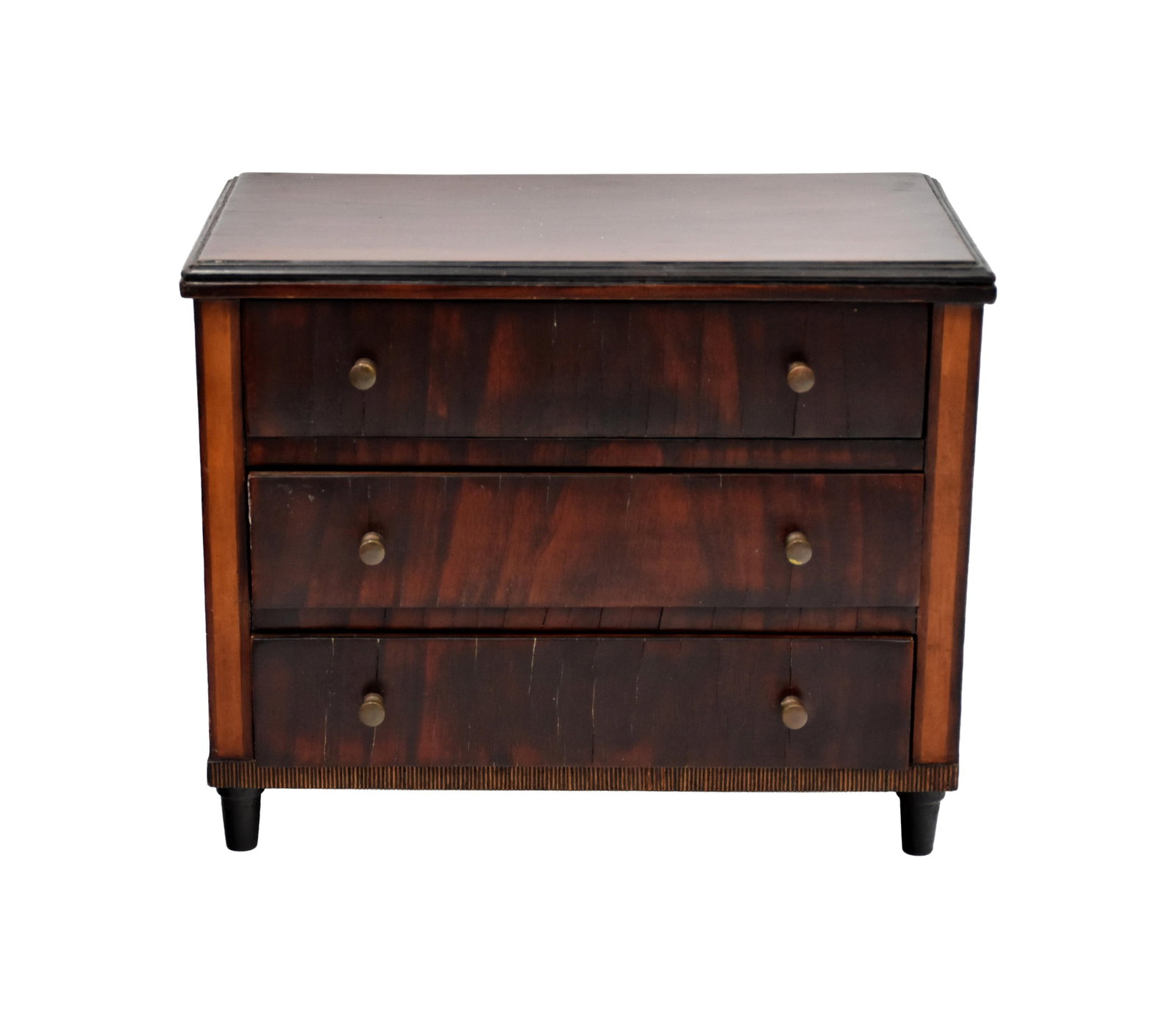 Miniature Chest: Early 19th C. Mahogany with pine secondary wood. Three drawers. Inlaid front. Four cone shaped feet. 8" high x 9 1/2" wide x 6" deep.Good original condition. Not removed from frames. IMPORTANT-