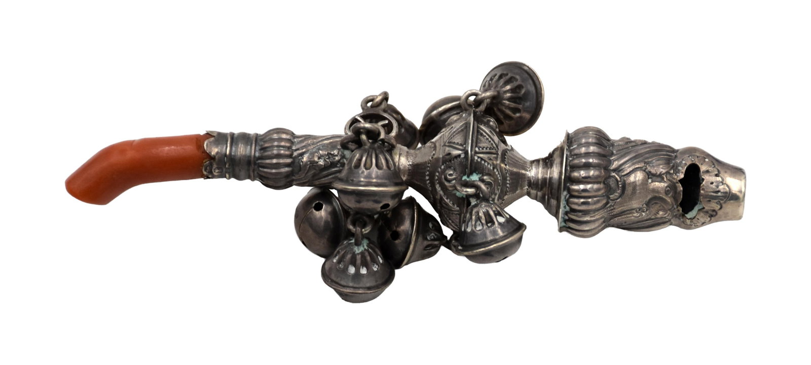 Sterling Silver & Coral Rattle Whistle: 19th C. English. Marked at top near coral and on bottom of whistle. Tiered shape with eight bells. 4 1/2" long x 1 1/4" wide. Condition consistent with age and use. IMPORTANT- Please note: all items
