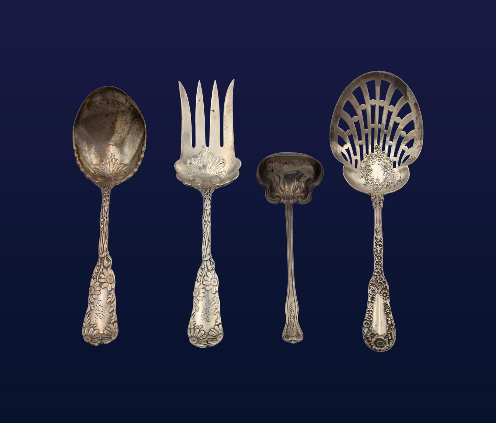(4) Sterling Silver Serving Utensils: Late 19th/Early 20th C. To include: (A) Small ladle. Unknown maker; stamped sterling on handle. 5 1/2" long. (B) Sugar sifter spoon. Pierced bowl. Intricate floral design on bowl and handle. Wm. B.