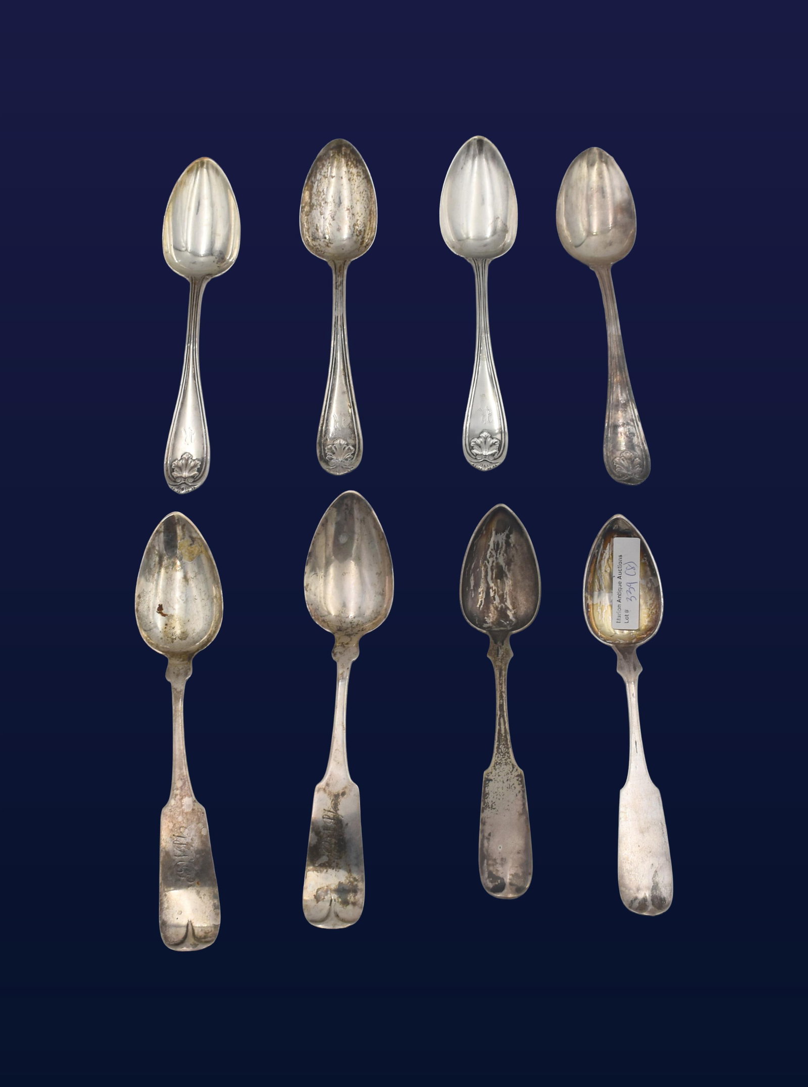 (8) Coin Silver Tablespoons: Late 19th/Early 20th C. To include: (A) Four matching Gorham spoons. 8 1/2"-8 3/4" long (one slightly longer than the others). (B) Two matching Canfield & Bro. spoons. 7 1/2" long. (C)Two matching