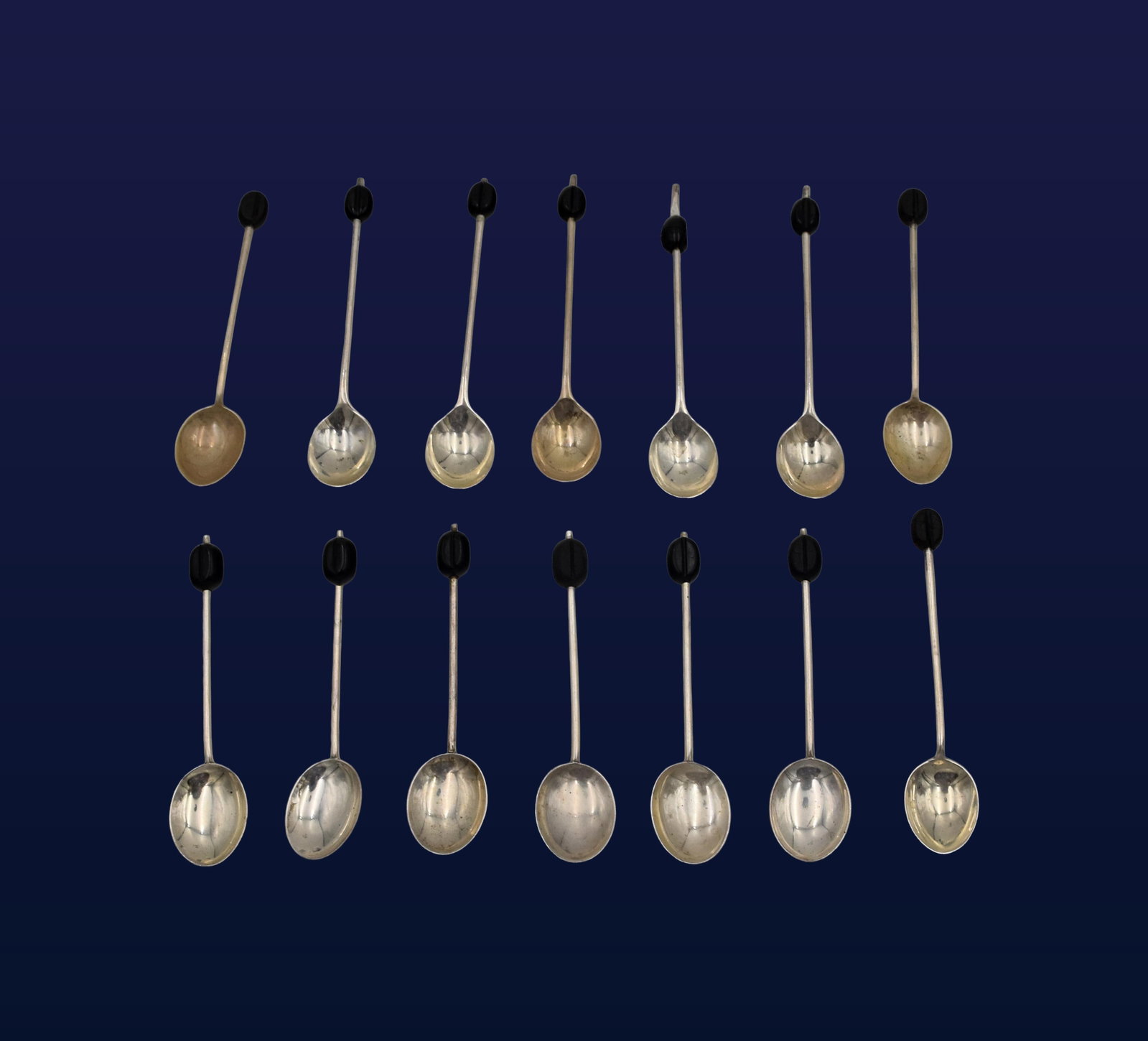 (14) Sterling Silver Demitasse Spoons: Mid-20th C. Dark bead terminals, some textured and others more smooth and polished. Various marks including some with "Made in England" and "925" and some with additional English silver hallmarks. 3