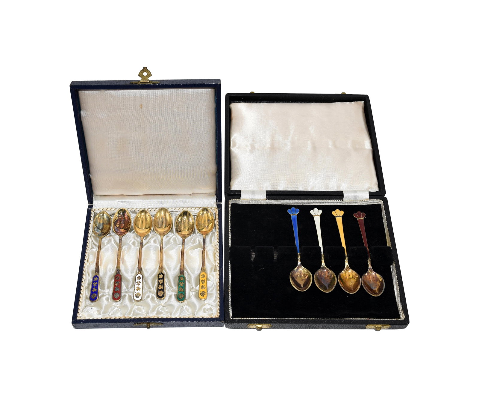 (10) Demitasse Spoons in Cases: 20th C. To include: (A) Set of six gilt spoons with colored enamel handles decorated with clover/shamrock motifs. Marked "Denmark Sterling 925S". 4" long. In a fitted case measuring: 1" high x 5 1/2"
