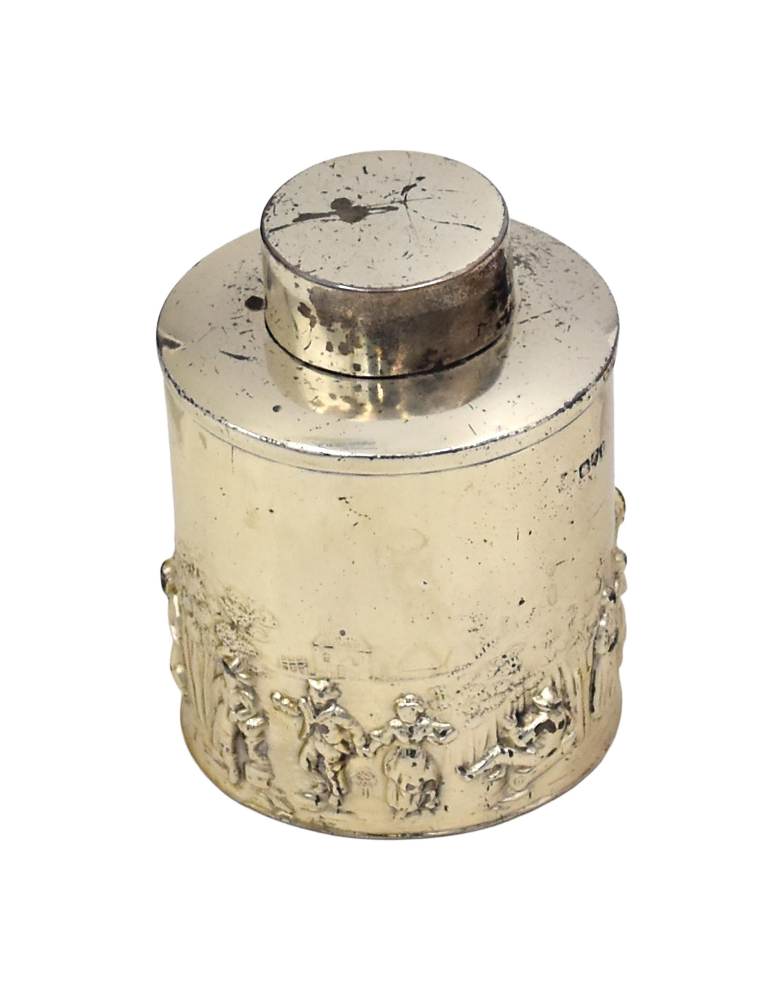 Sterling Silver Tea Caddy: 19th C. Possibly Dutch. Fitted cap. Embossed and engraved village scene along bottom. 3 1/2" high x 2 1/2" diameter. 3.35 ozt.Shows tarnish and spotting consistent with age and use. IMPORTANT- Please