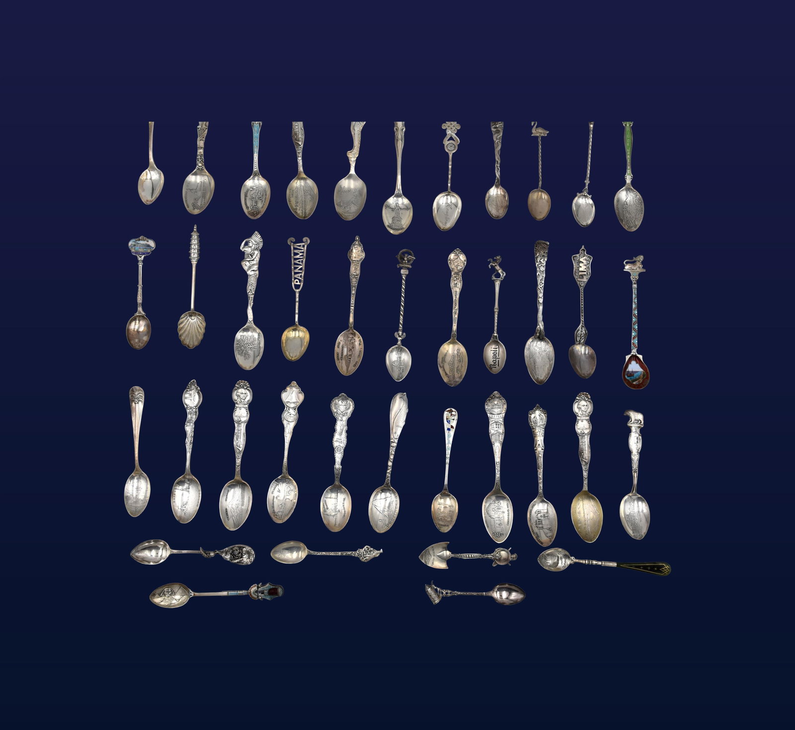(39) Souvenir Spoons: 19th/20th C. To include: (A) Twenty-eight sterling silver spoons. Stamped and/or tested sterling. Highlights include: Statue of Liberty; Independence Hall; Key West, Florida and other sights, cities,