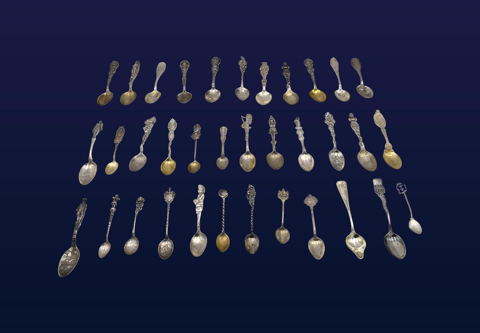 (35) Souvenir Spoons: 19th/20th C. Featuring one from Cuba along with various cities and sights in the United States and Canada including a nice selection of Rhode Island and Massachusetts spoons: Newport, Providence,