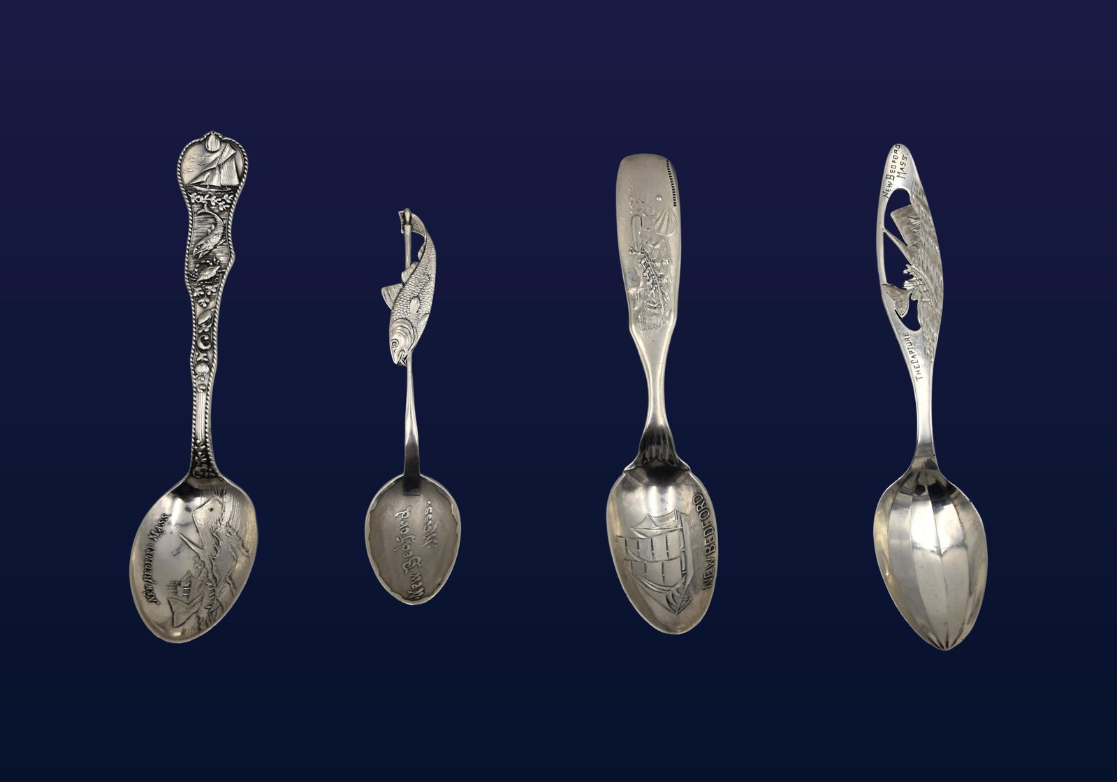 (4) New Bedford, Massachusetts Souvenir Spoons: 19th/20th C. To include: (A) Fish form with "New Bedford Mass." engraved on bowl. Marked A.W. Flye. Stamped "sterling". 4" long. (B) Sperm whale, whaleship and whaleboat scene imagery on handle