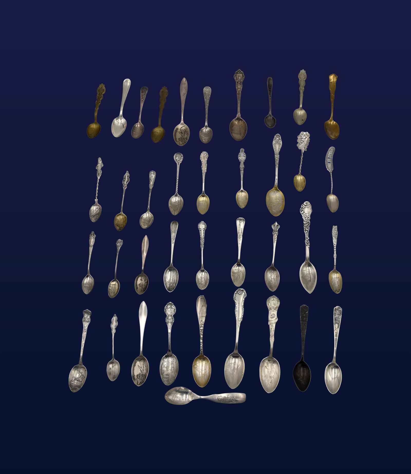 (38) New Bedford, Massachusetts Souvenir Spoons: 19th/20th C. Twenty-seven are stamped sterling and from various makers. Eleven are silverplate or brass, one of which is Pairpoint. All feature New Bedford, Massachusetts with schooners, whaling