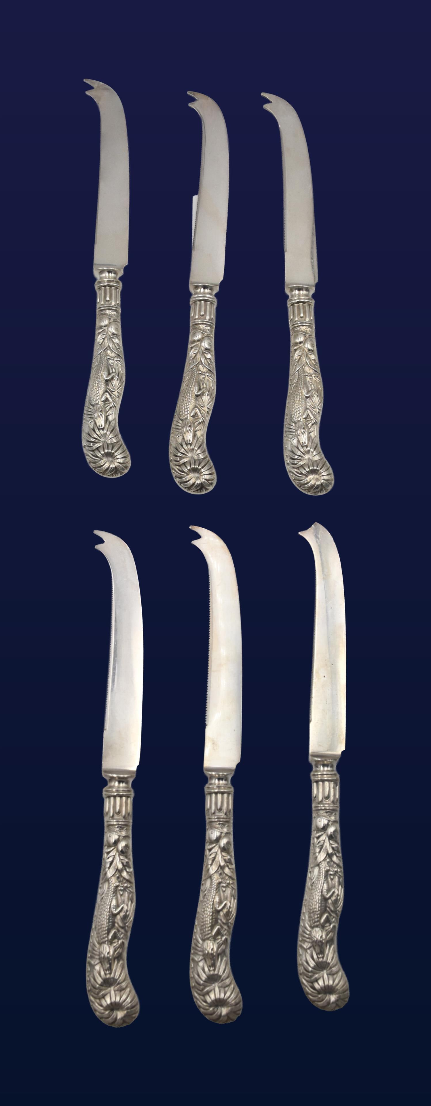 (6) Sterling Silver Fruit Knives: Late 19th C. 7 3/4" long. Watson, Co. Attleboro, Massachusetts. Stamped sterling. Weighted handles. Souvenir of 1892 Columbian Exposition. Design on handle depicts the State of Florida seal with palm