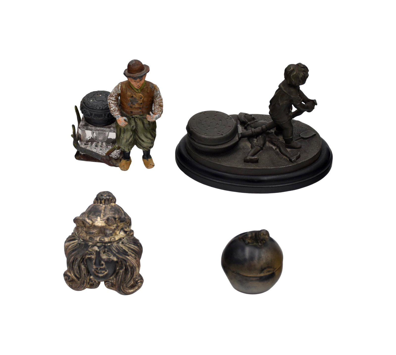 (4) Figural Inkwells: Late 19th/Early 20th C. To include: (A) Metal. Dog seated on round sphere. Signed on verso "J.B. 118". 2 1/2" high x 2" diameter. (B) Metal. Art Nouveau female. 3" high x 2 1/2" wide. (C) Metal.