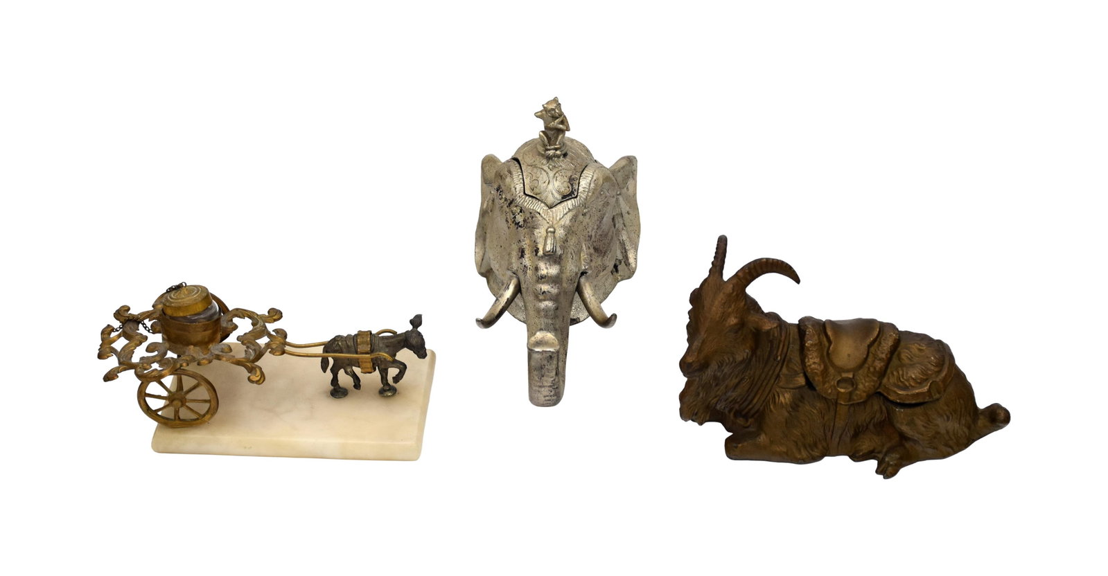 (3) Inkwells: Late 19th/Early 20th C. To include: (A) Silverplate. Elephant form. Signed "Meridan & Company, USA". 4 1/2" high x 7" wide x 4" deep. (B) Metal with bronze finish. Mountain goat. 3 1/2" high x 6"