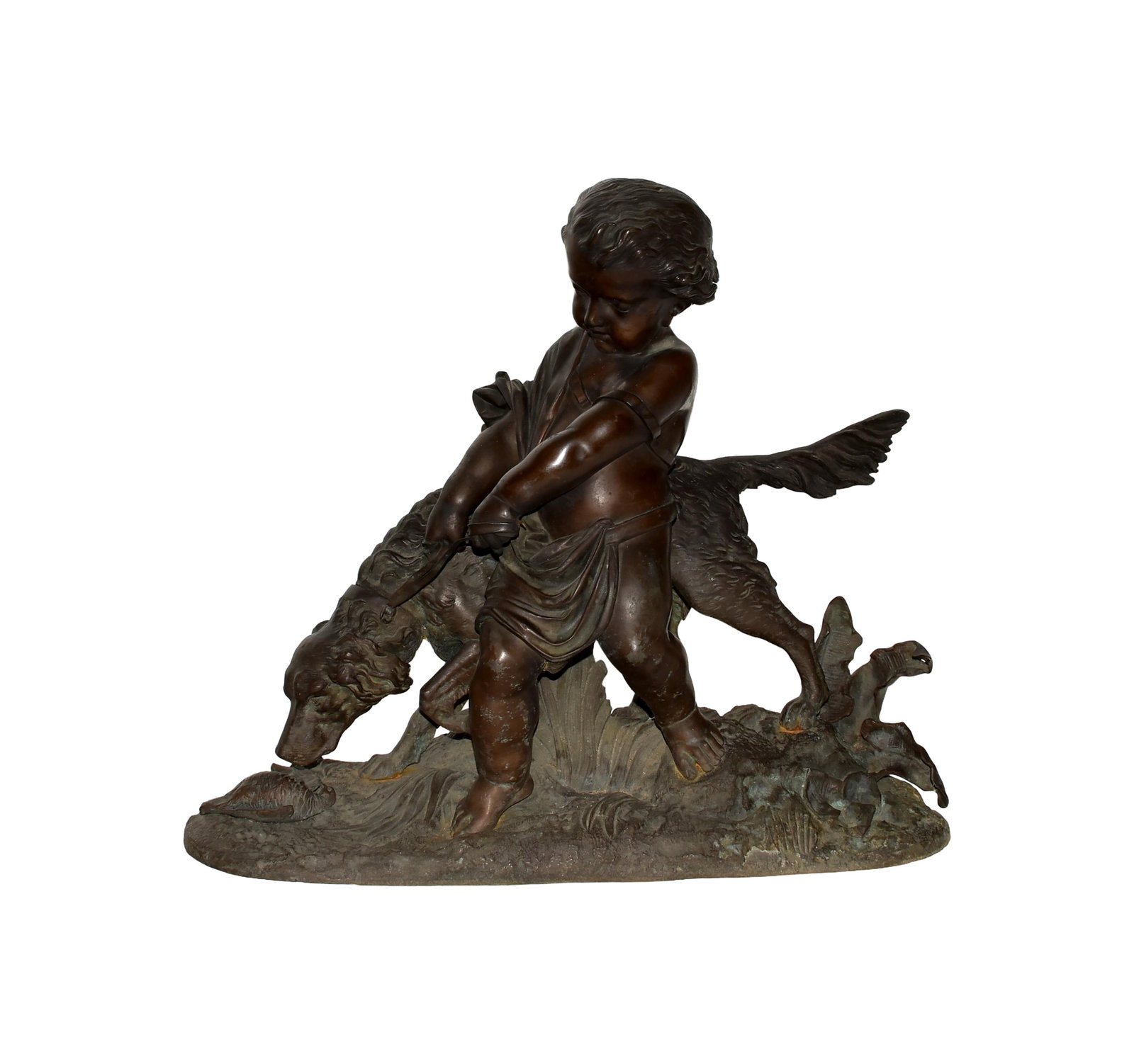 Auguste Joseph Peiffer Bronze: (French, 1832-1886) Titled, "The Child and the Dog" Signed Peiffer. 14" high x 17" long x 6 1/2" deep.Good condition. Needs cleaning. IMPORTANT- Please note: all items are sold as is, where is, with