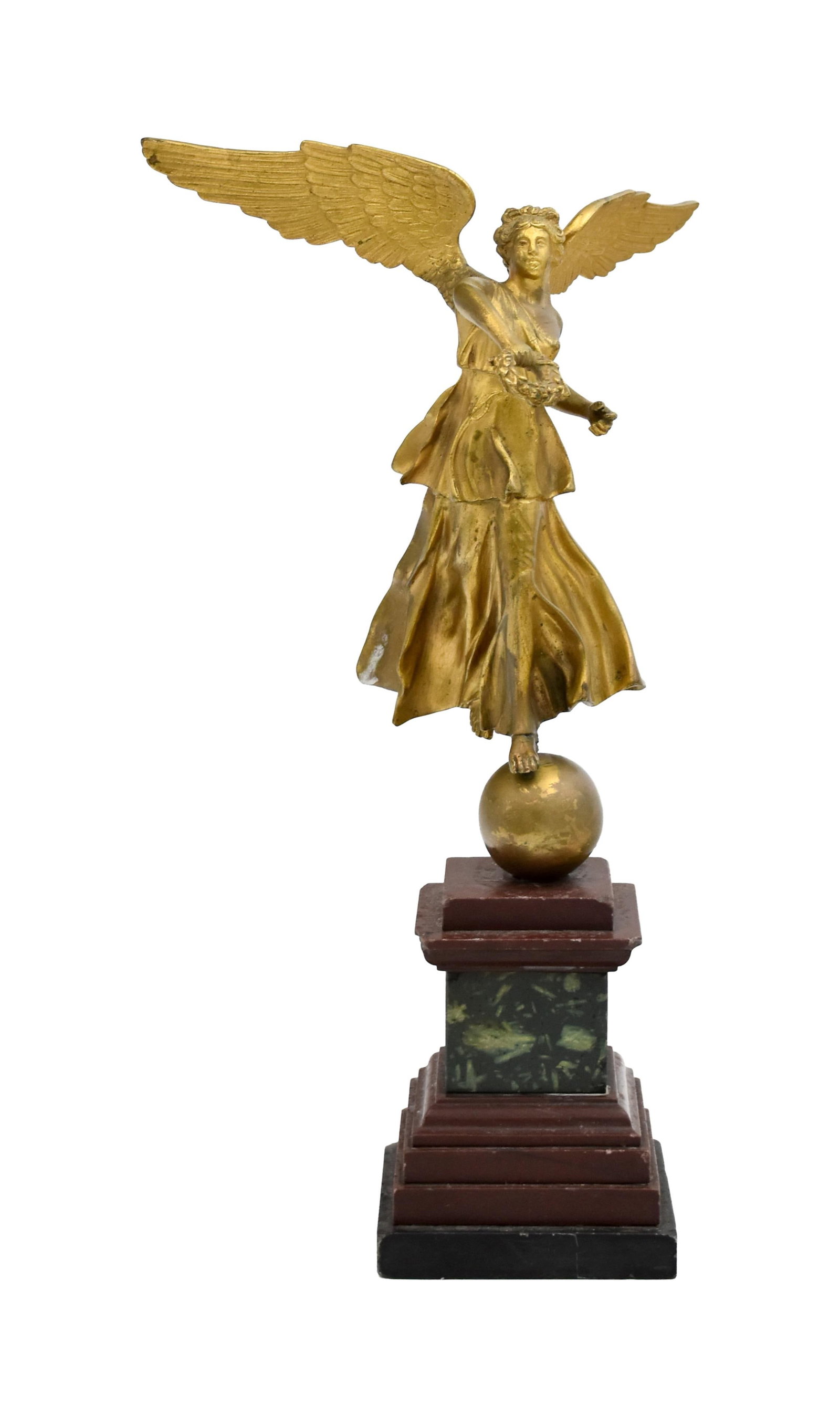 Gilded Bronze Winged Angel: Late 19th/Early 20th C. Mounted on a stepped marble base. 12 3/4" high x 8" wide x 3 1/2" square at base. Provenance: Estate of Alfred J. Walker, legendary art dealer and collector. Founder of
