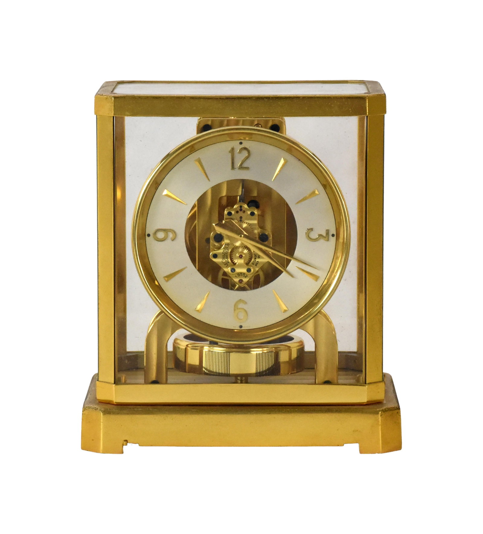 Le Coultre & Company Atmos Clock: Mid-20th C. Gilt brass and glass case. 9 1/4" high x 8" wide x 6 1/2" deep.Currently working but not guaranteed. IMPORTANT- Please note: all items are sold as is, where is, with all faults. Marion