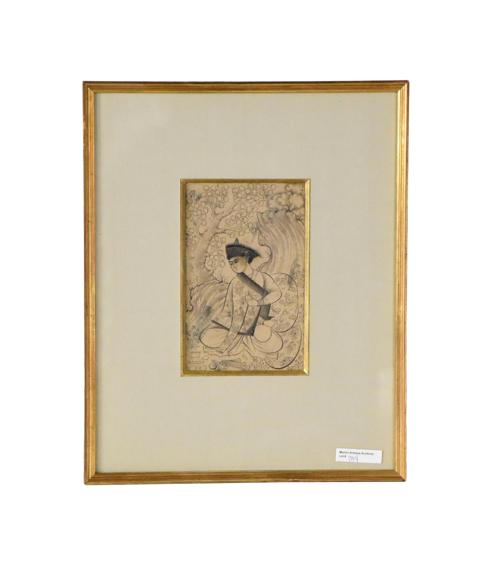 Persian Ink Drawing: Early 18th C. Safavid period. Depicts a figure seated under a tree with an ewer and a cup. Done in the manner of Reza Abbasi. Sight size: 7" high x 4 1/2" wide. In a simple gilt frame under glass