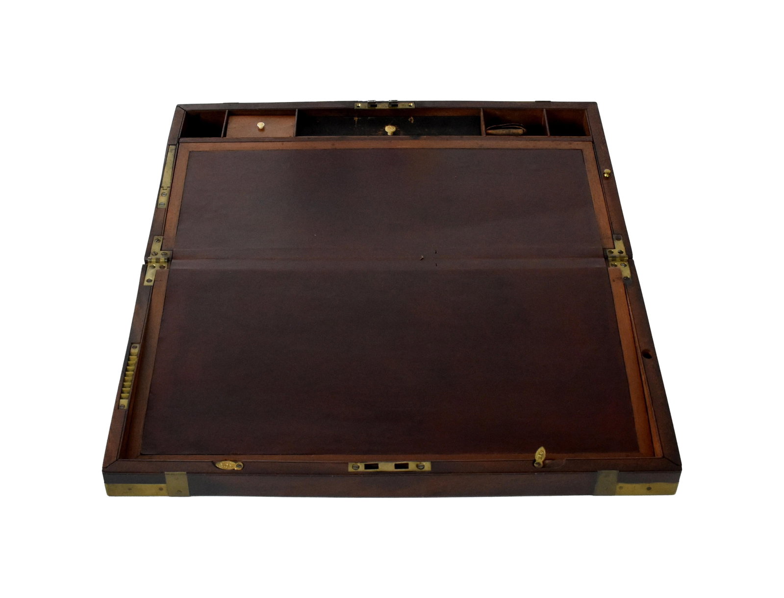 Traveling Desk: 19th C. Mahogany with brass trim. Top lid opens to reveal a writing surface with leather top and a compartmentalized interior. Hardware is signed: "Eturnes". Ornate brass inlaid plate on lid with