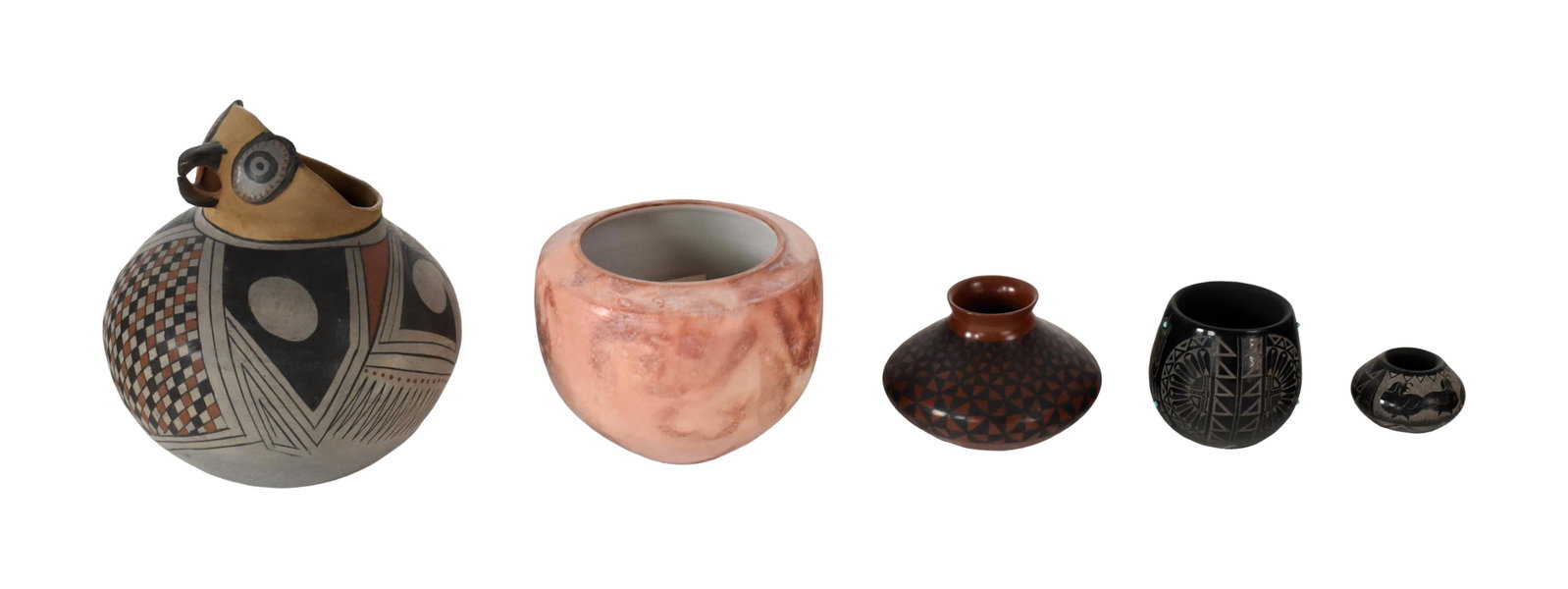 (5) Native American & Other Pottery Items: To include: (A) Two Sioux black-on-black vessels. By Red Starr. One shows birds, deer and grass designs with turquoise inlay. 3" high. Smaller jar with bird and geometric designs. 1 1/2" high. (B)