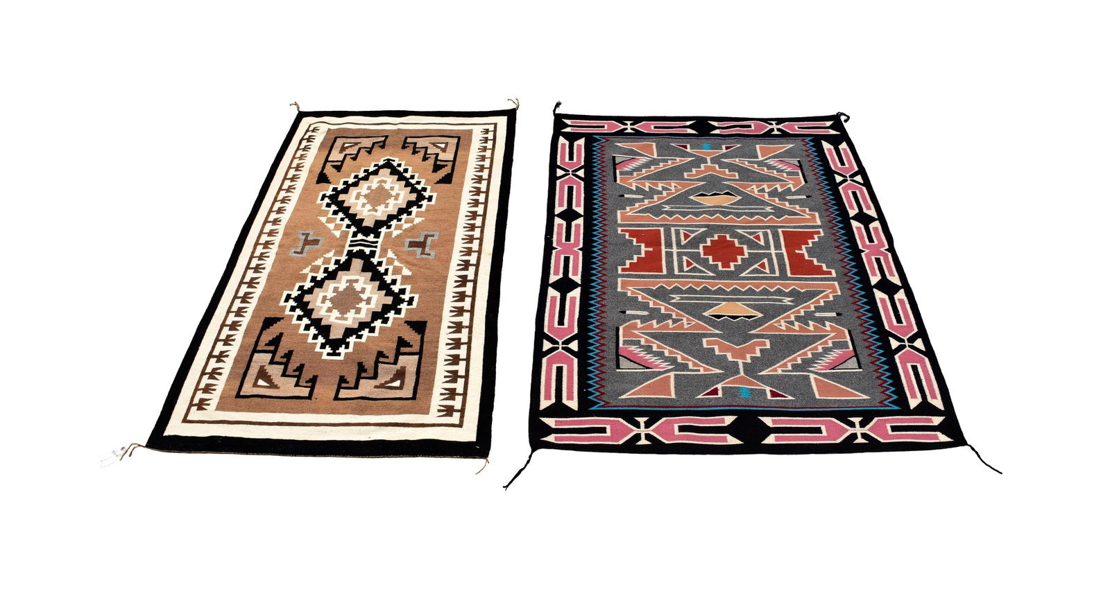 (2) Navajo Rugs: Mid-20th C. To include: (A) Teec Nos Pos multi-colored rug with geometric designs. 49 1/2" x 65 1/2". (B) Toadlena/Two Gray Hills rug. Black, tans, brown and white. 40" x 68". Provenance: Estate of