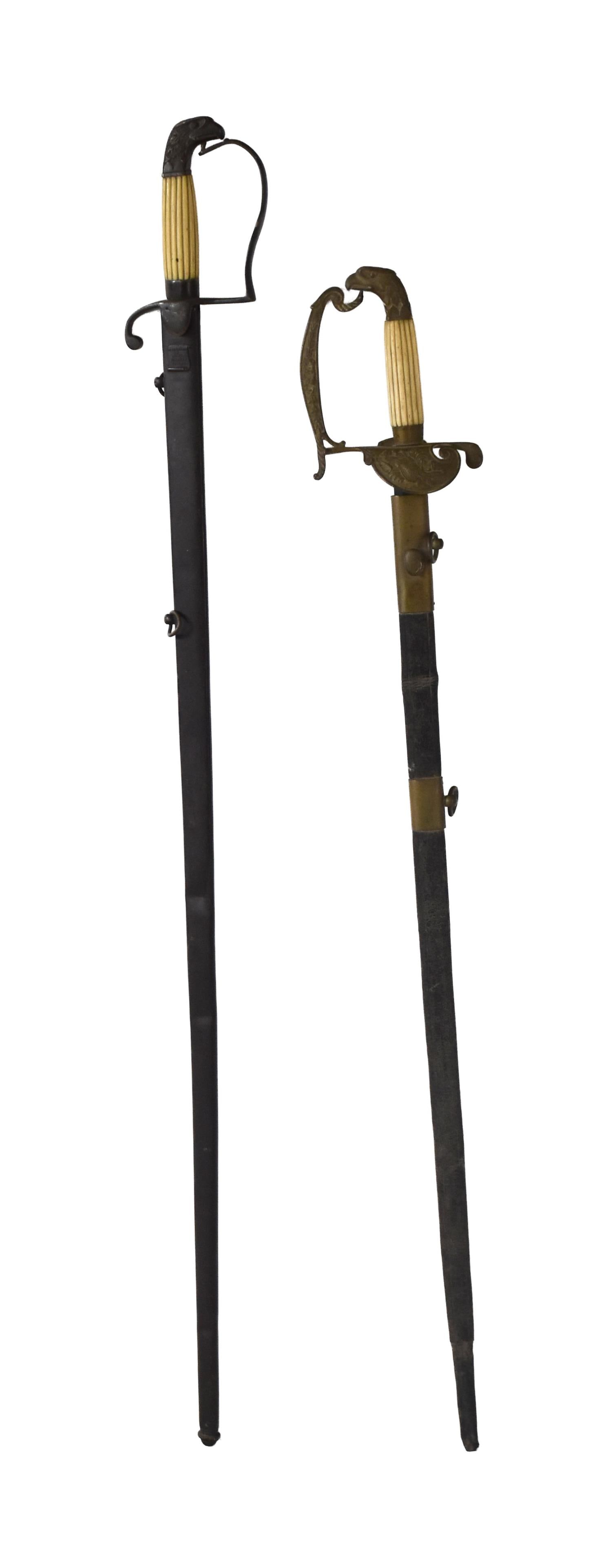 (2) Artillery Swords: Early 19th C. American. Eagle hilts. Possibly War of 1812. To include: (A) Horstmann & Son makers label on metal scabbard. 36 1/2" long. (B) Brass and leather with reeded bone handle. 33"