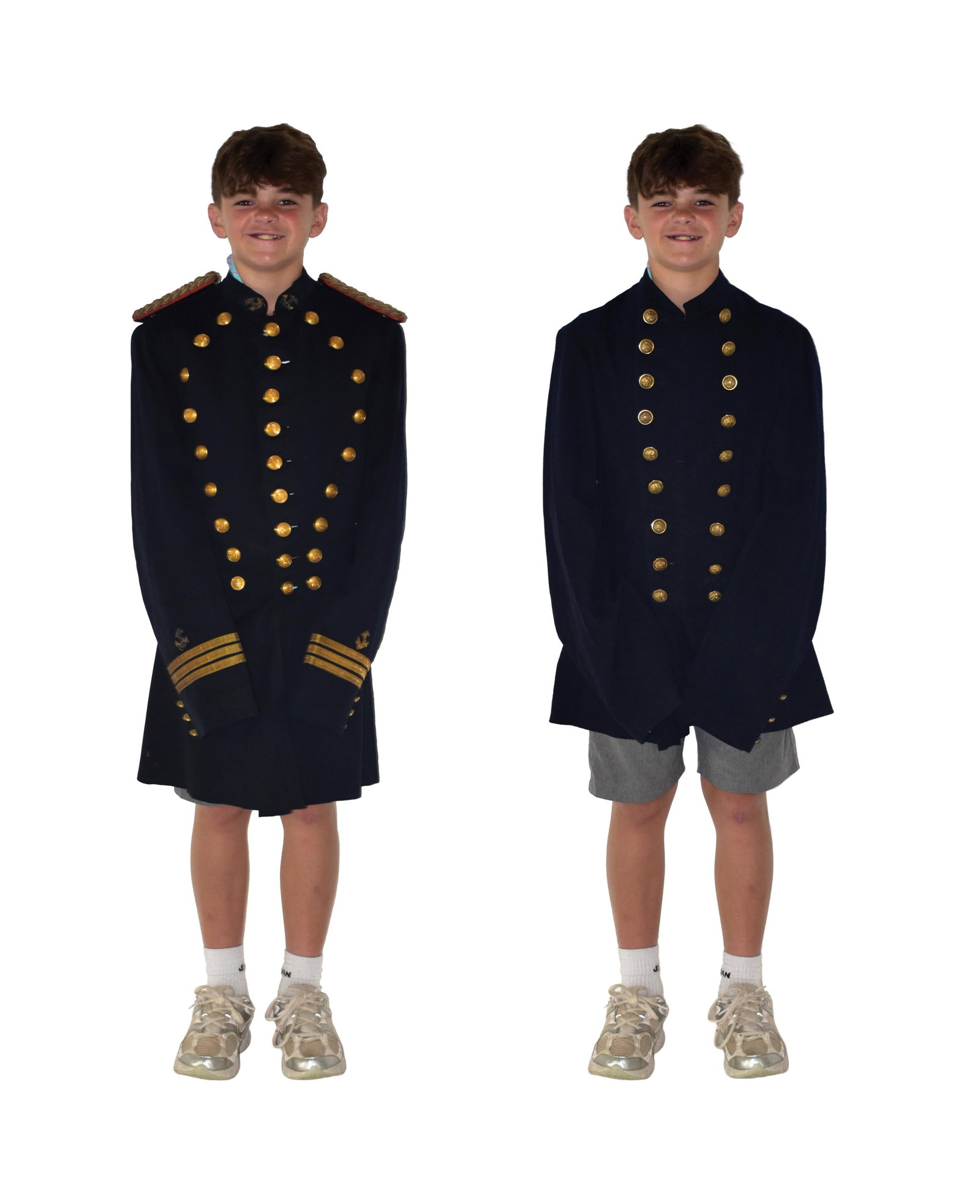 (2) Military Frock Coats: 19th/20th C. Both small size. To include: (A) Army. Blue wool with brass buttons. Along with blue wool pants. Coat: 30" long x 15" wide at shoulders. Pants: 44" long with 33 1/2" inseam. (B) Naval.