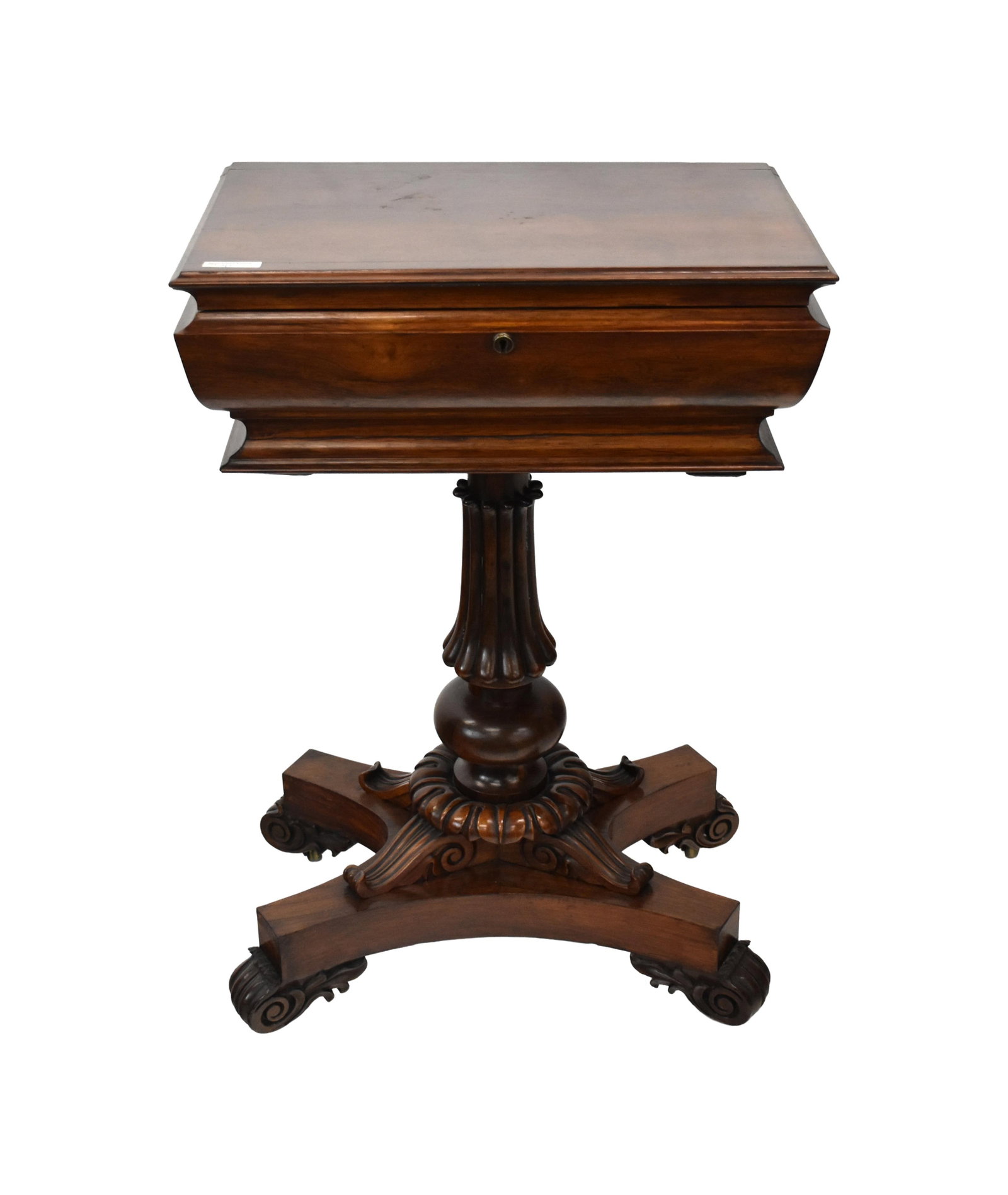 Rosewood Teapoy: Early 19th C. English. Top opens to reveal a compartmental interior with a blue opalescent waste bowl. Intricately carved column-form base supported by four scrolled feet. 29" high x 20" wide x 14"