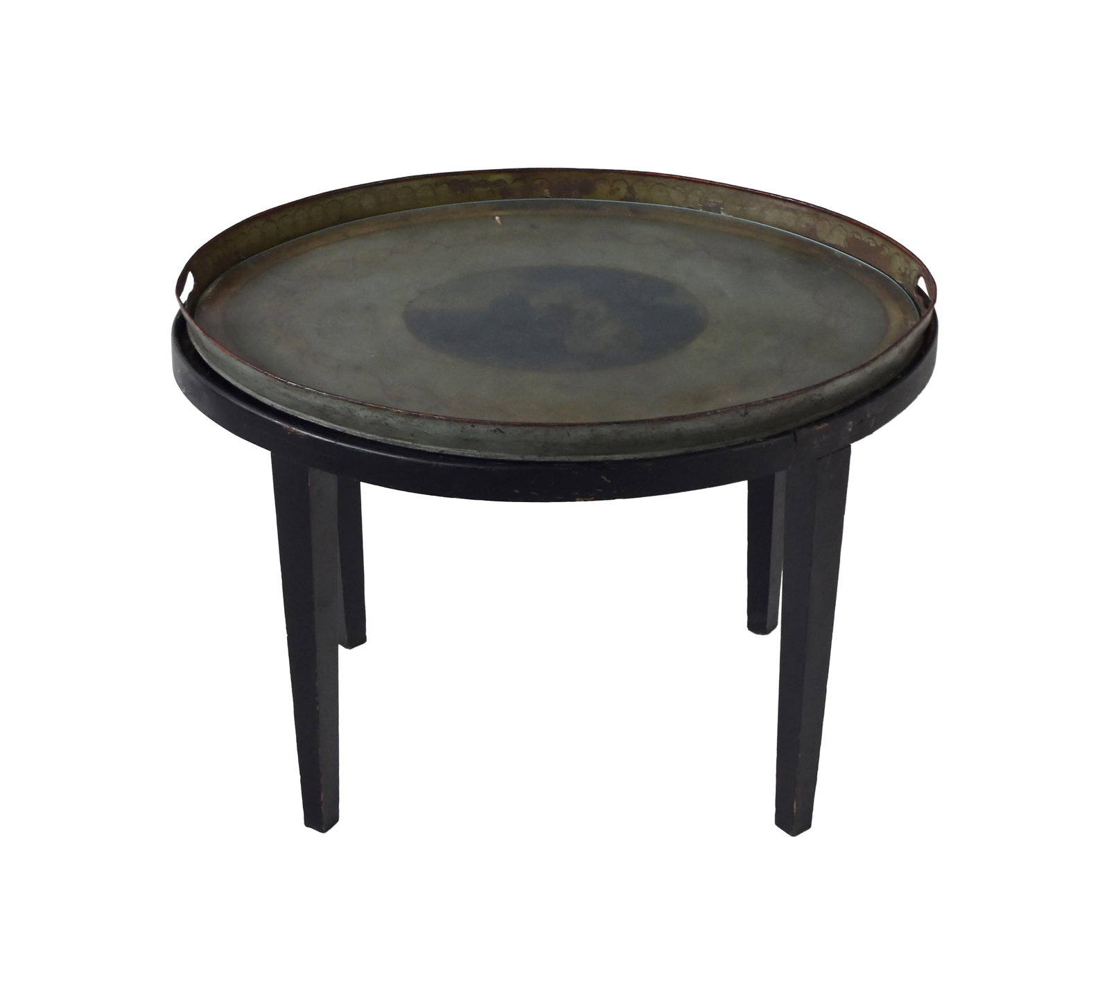 Tole Painted Handled Tray on Custom Stand: Late 18th/Early 19th C. Tray depicts two figures and a dog in a woodland landscape seated under a tree. Decorative interlocking ribbon border. Modern glass insert. 2" high x 26" wide x 20" deep. On a 