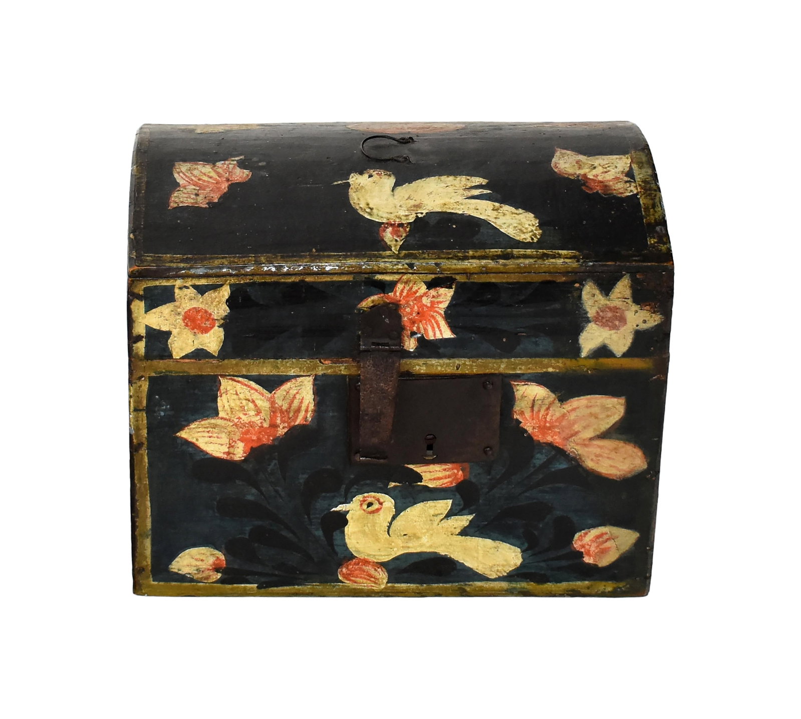 Folk Art Dome Top Box: Late 18th/Early 19th C. White pine. Old wrought iron hardware with cotter pin hinges. Paint decorated with bird and floral design. 8 3/4" high x 10 1/2" wide x 7" deep.Good condition. Paint may be a