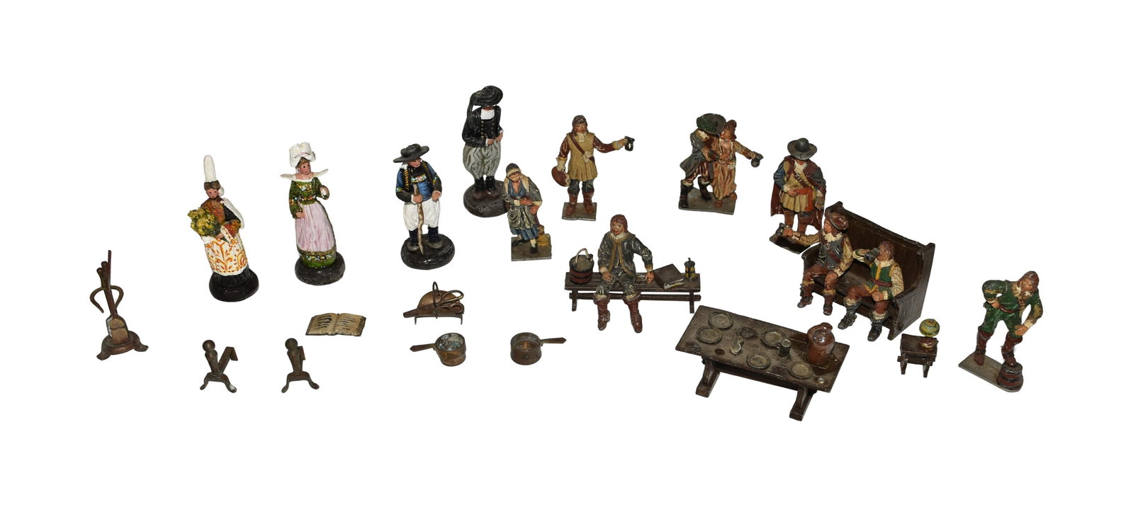 Diorama Shadow Box with Figures and Accessories: 20th C. Wood shadow box with velvet-lined interior, shelf and pinned side curtains. 10" high x 10" wide x 6" deep. Along with approximately thirty-four painted figures and accessories to include: (A)
