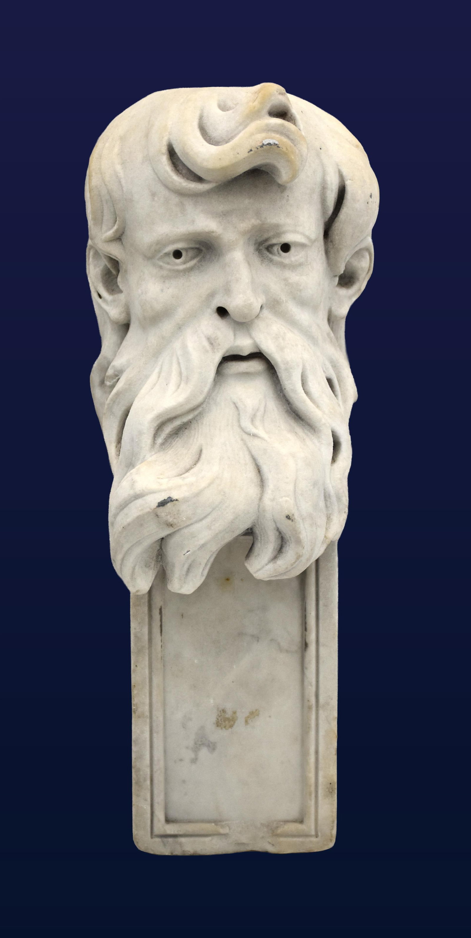 Marble Sculpture of a Bearded Man: 19th C. Likely an architectural element. 16" high x 6" wide x 6" deep. 26.8 lbs. Provenance: Estate of Alfred J. Walker, legendary art dealer and collector. Founder of Walker-Cunningham Fine Art.Good