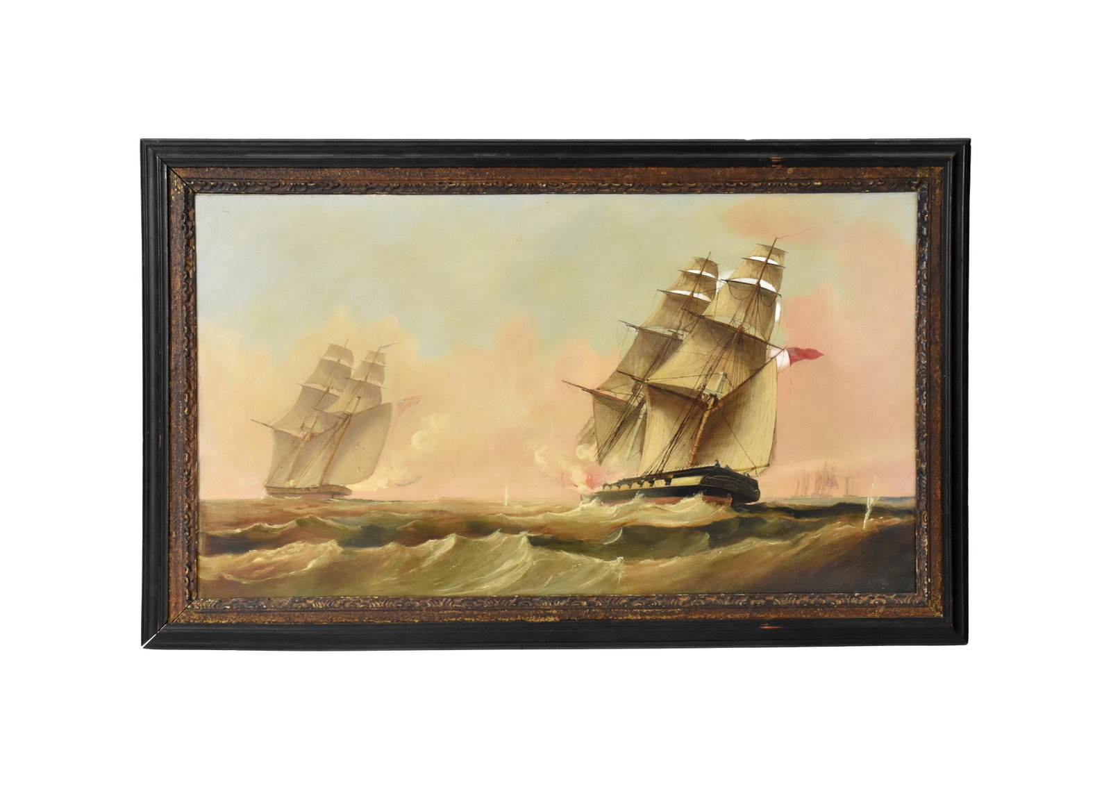 Naval Battle Scene Painting: Early 19th C. Oil on canvas. American Brig YANKEE. Unsigned. On verso: "His Majesty's Brig Saracen in Chase of the American Hermaphrodite Brig Yankee of 18 guns and 140 men out 4 days from Boston. The