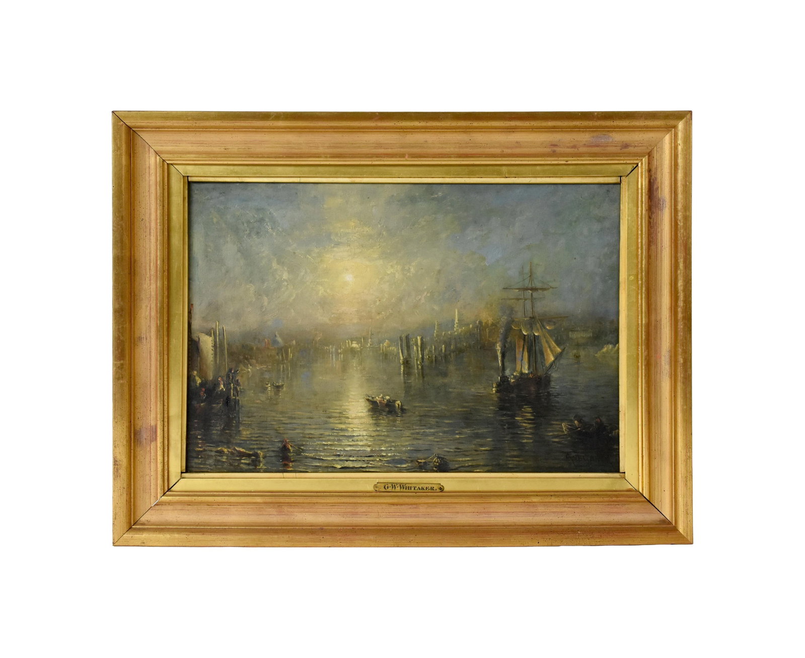 George Whittaker Painting: (American/Rhode Island, 1840-1916).Oil on canvas. Harbor scene with sailing ships, tugboats, men in fishing boats and buildings and people on shore. Signed lower right. Sight size: 11 1/2" high x 16 3