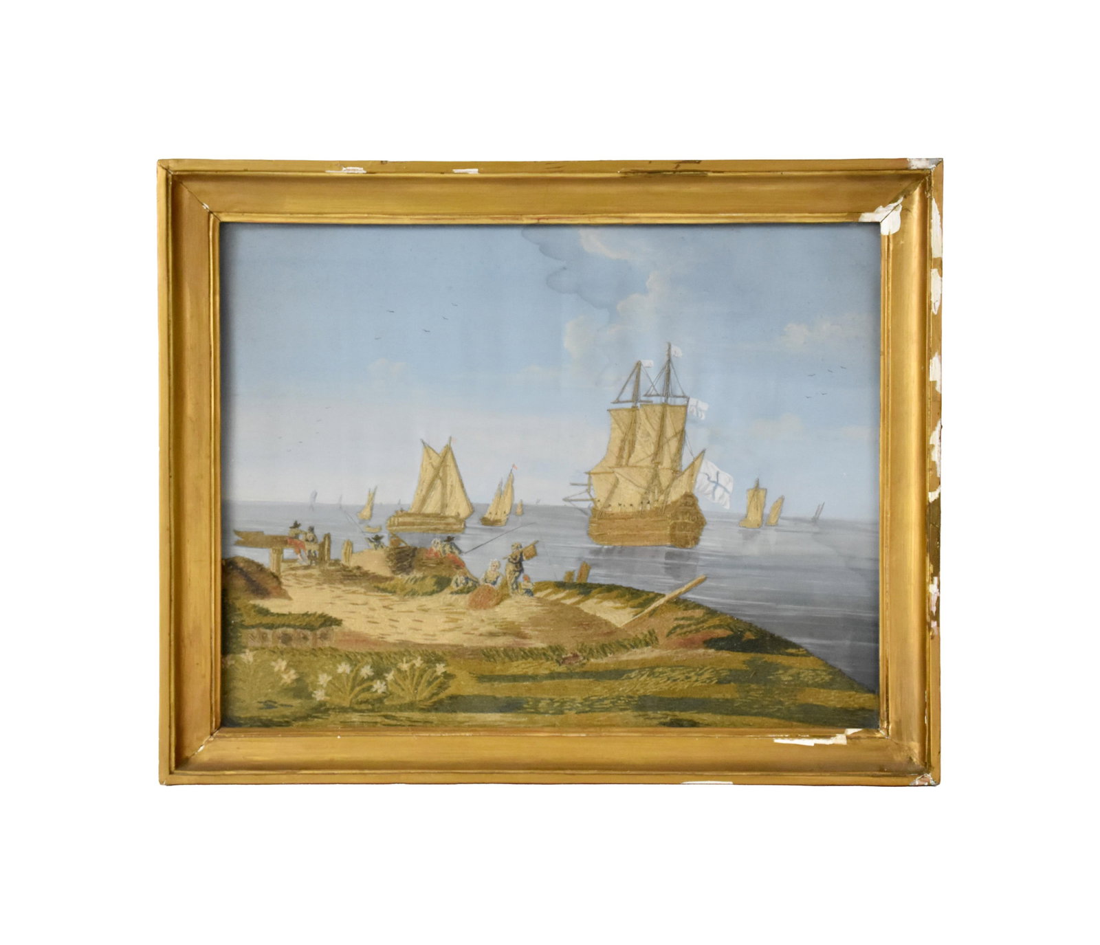 Needlework Seascape Picture: 19th C. Embroidered needlework and watercolor. French harbor scene with numerous sailing ships flying French merchant flags of Marseille and fisherman on the shore. Sight size: 14" high x 17 3/4" wide