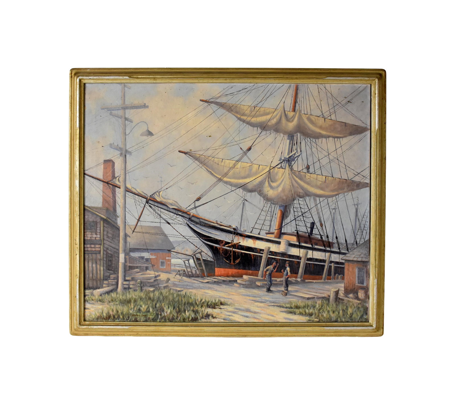 Arthur Small Painting: (American/Massachusetts, 1885-1958). Oil on canvas. Dockyard scene. Depicts a large sailing ship at dock with buildings and people on the shore. Sight size: 30" high x 36" wide. In a period carved
