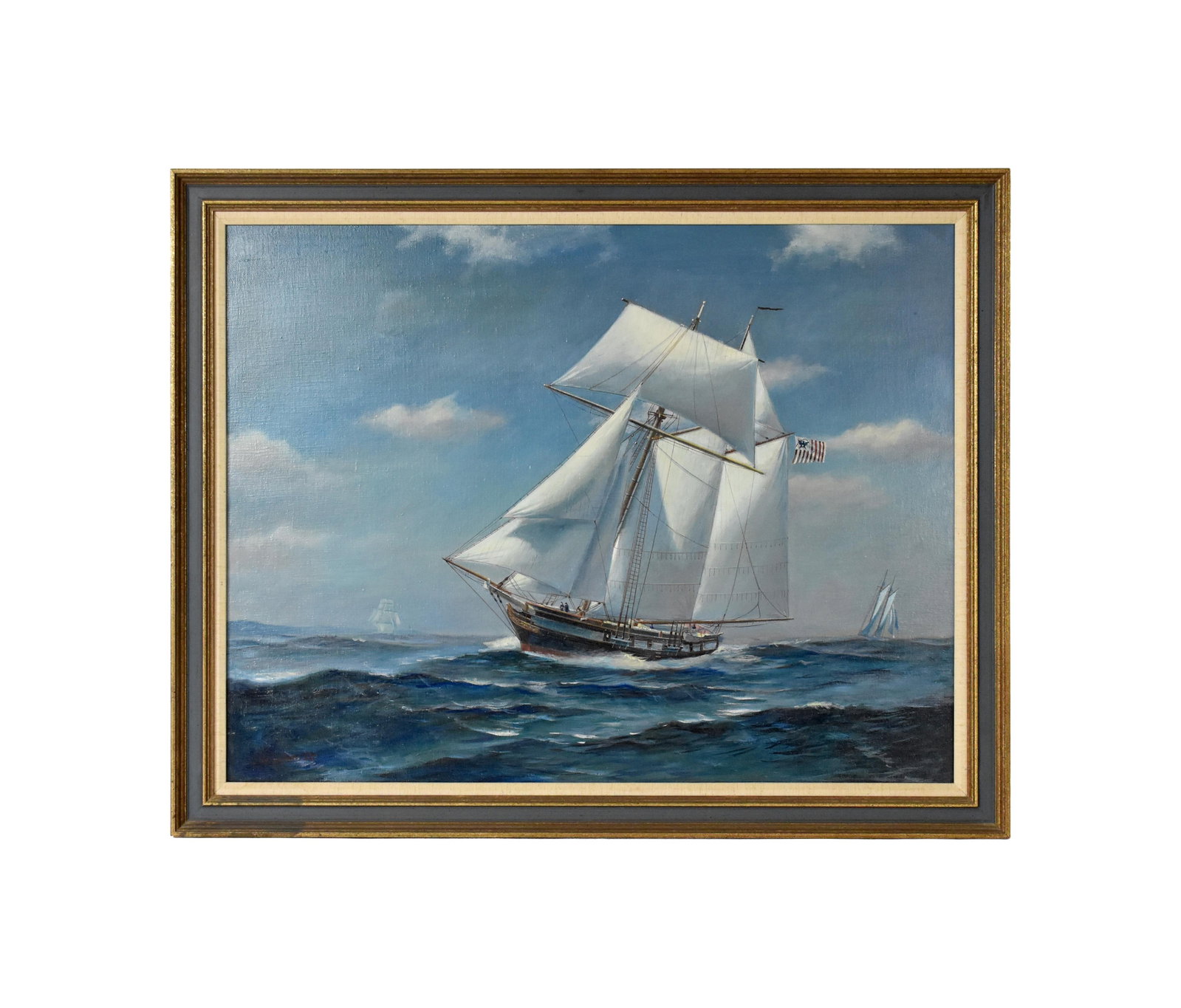 John Schmidt Painting: (American/Massachusetts, 20th/21st C.). Oil on canvas. Depicts large sailing ship in rough seas flying a military flag. Signed lower left: J.W. Schmidt. Signed and dated on verso: Centerville, MA,