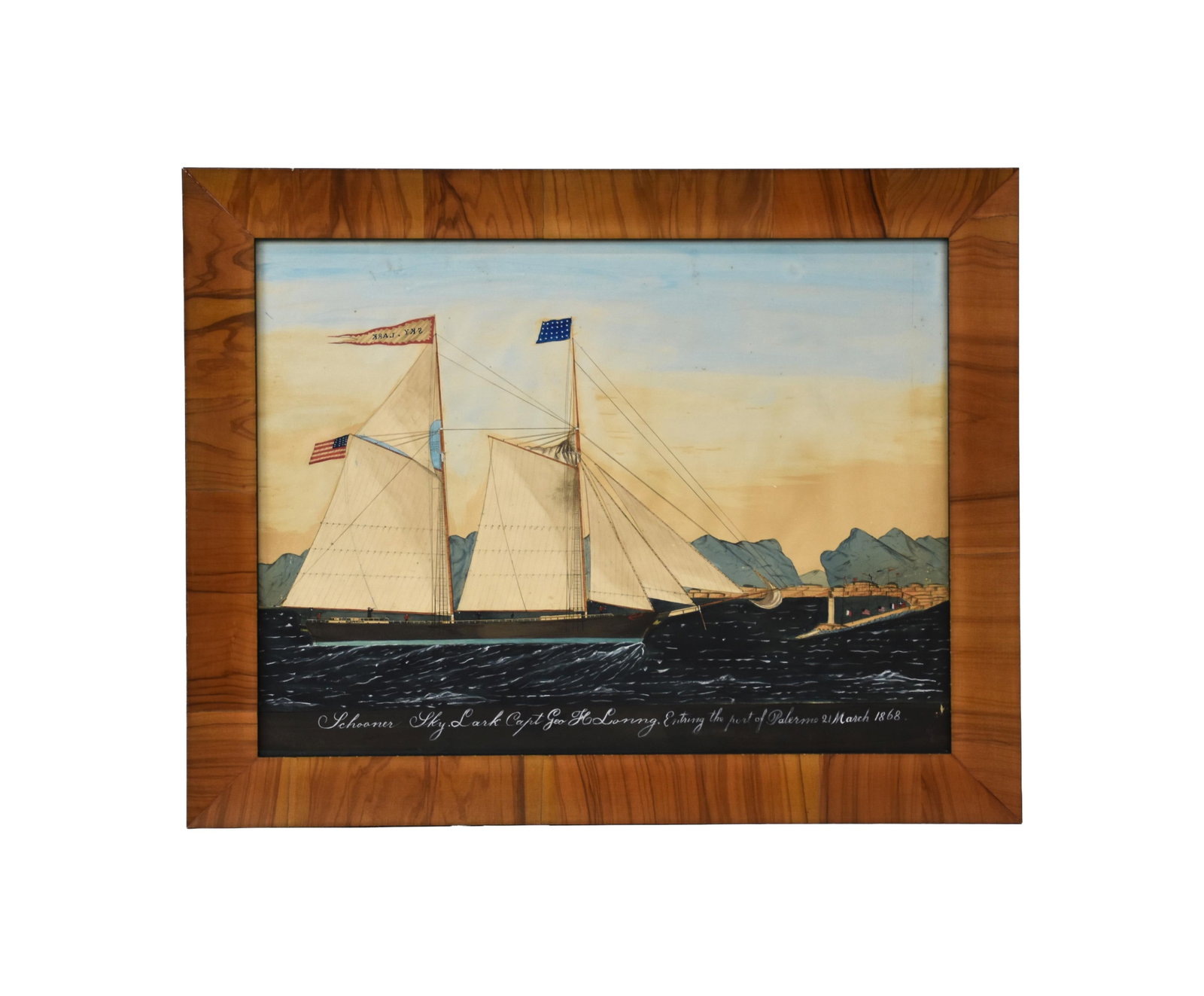 Nautical Folk Art Painting: Late 19th C. Watercolor. Depicts a portrait of the schooner SKY LARK entering the Port of Palermo, Italy, March 1868. Unsigned. Sight size: 19 3/4" high x 26 3/4" wide. In a mahogany veneer frame