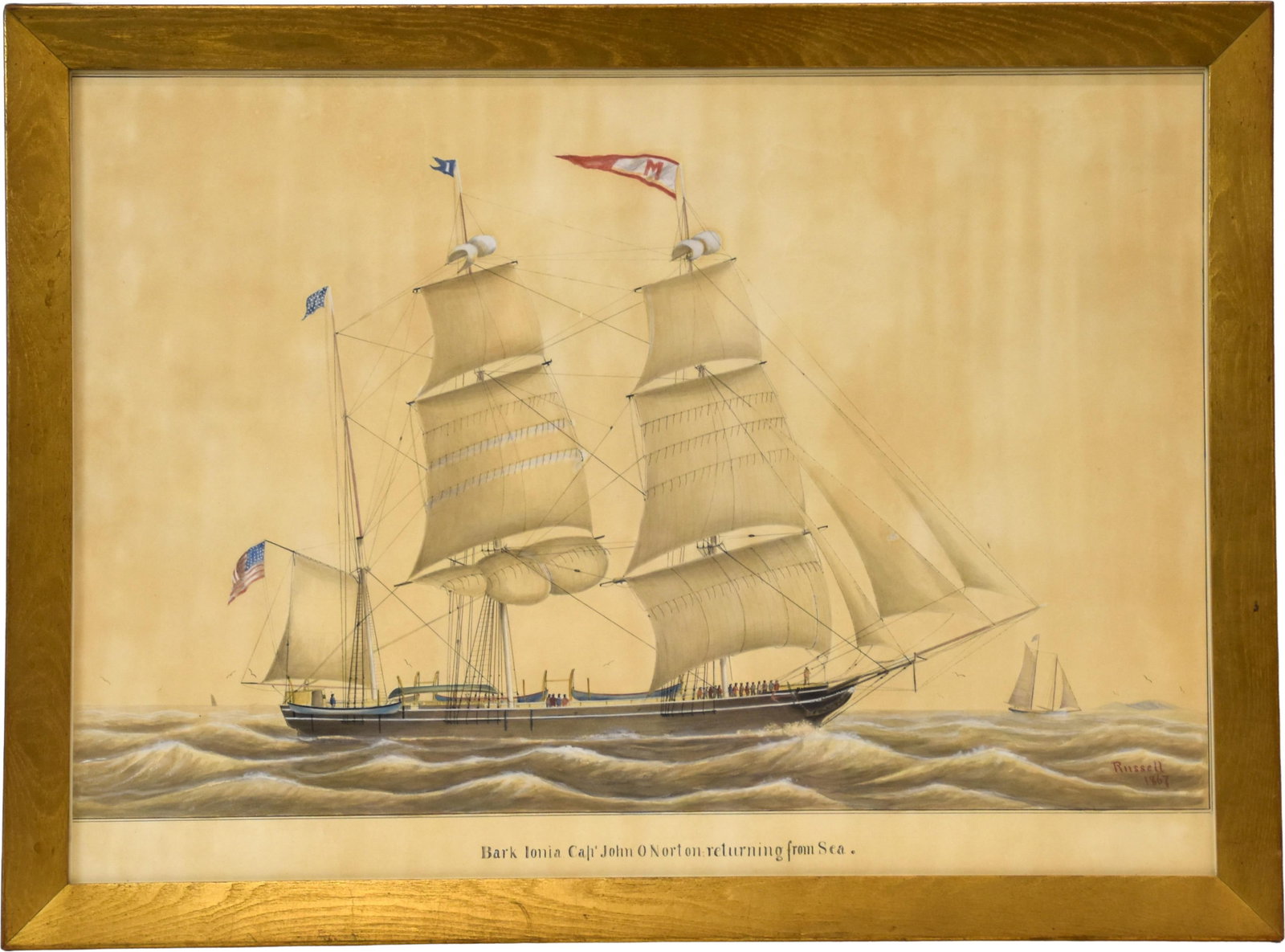 Benjamin Russell Painting: (American/Massachusetts, 1804-1885). Watercolor and ink on paper. "Bark IONIA, Captain John Oliver Norton Returning from Sea". IONIA was a whale ship out of New Bedford, Massachusetts owned by Edmund