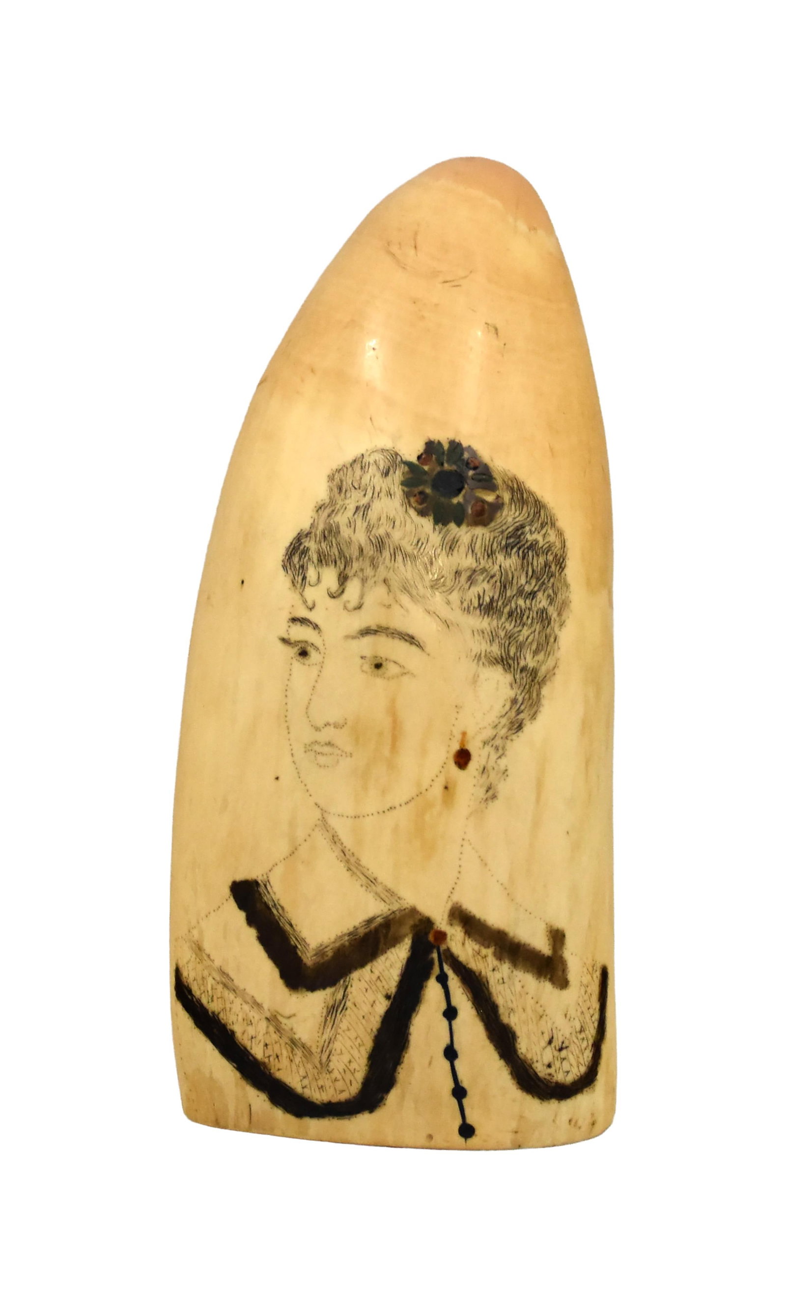 Polished Sperm Whale Scrimshaw Tooth: Late 19th C. Polychrome. Profile view of a woman on recto and verso. 5 1/2" high x 2 1/2" wide. Good condition. Shipping restriction: Please note this lot cannot be shipped out of the United States.