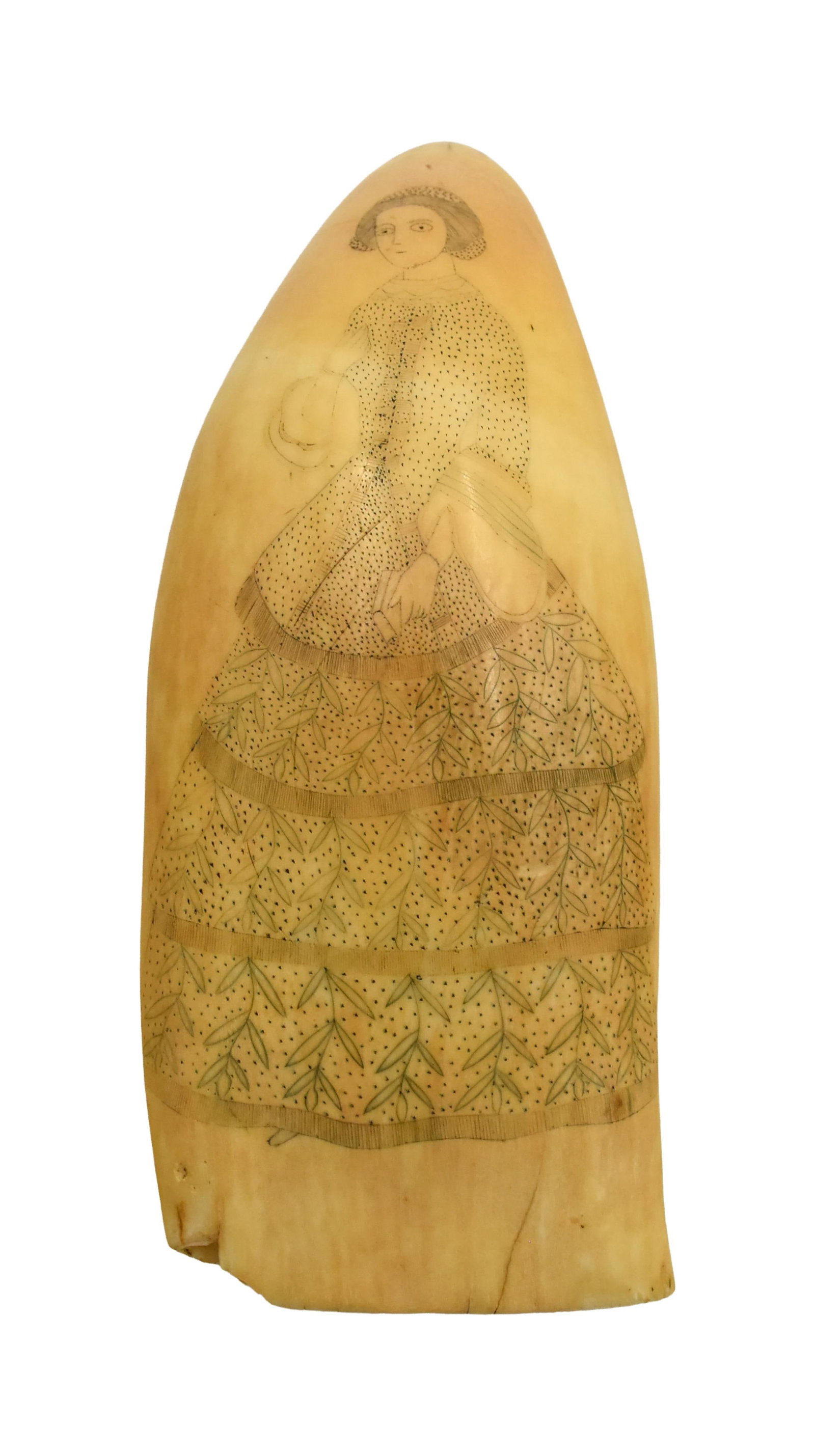 Polished Sperm Whale Scrimshaw Tooth: Mid-19th C. Polychrome. Full length portrait of a woman in a fancy dress. Marked "T" and "Caswell" on verso. 6 3/4" long x 2 3/4" wide.Shows chipping and hairline fractures from base. Shipping
