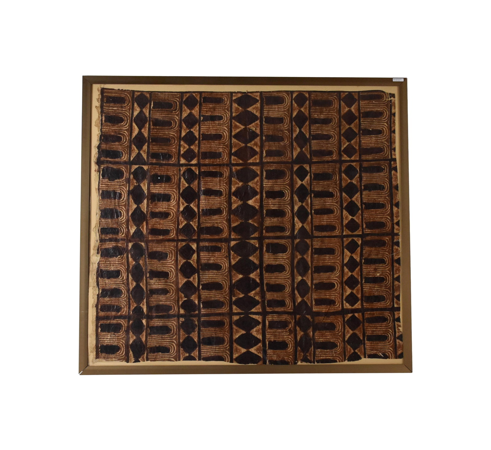 South Pacific Tapa Cloth: Late 19th C. Made from the bark of the mulberry tree. 44" high x 47" wide. In a modern frame under UV glass measuring: 47 1/2" high x 52 1/2" wide. Provenance: Property deaccessioned from the Old