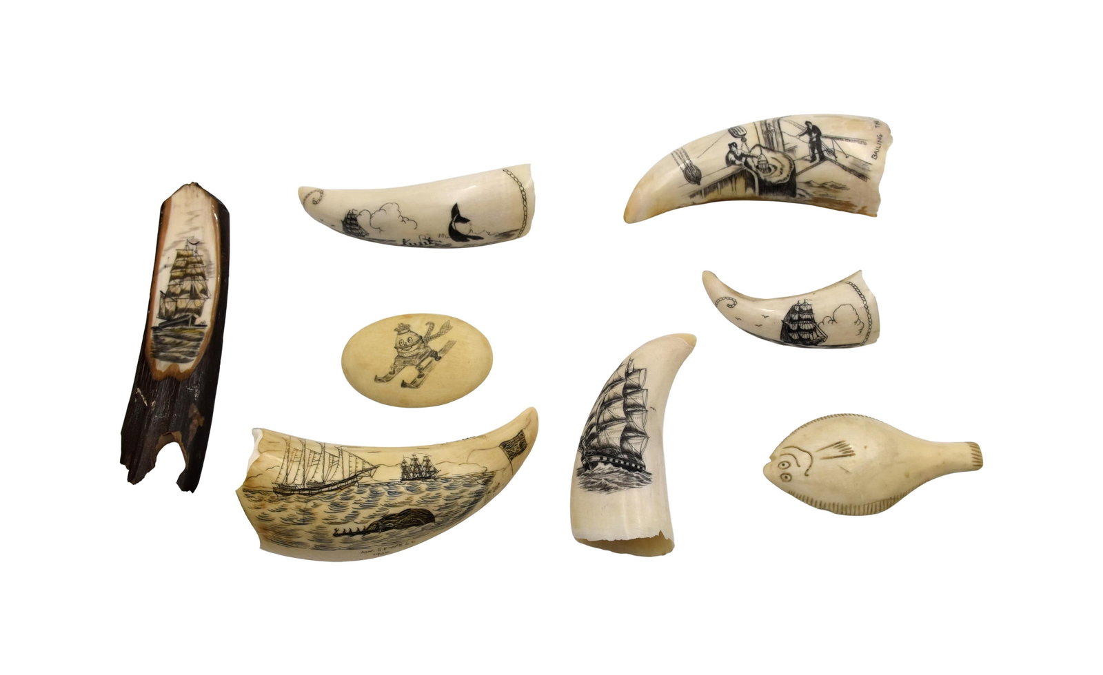 (8) Pieces of Scrimshaw: 20th C. To include: (A) Polished polychrome. Depicts a whaling scene. Marked "A. W. Sewell, 1900". Blank verso. 5 1/2" long x 2 3/8" wide. (B) Polished monochrome. Depicts a whaling scene. Blank